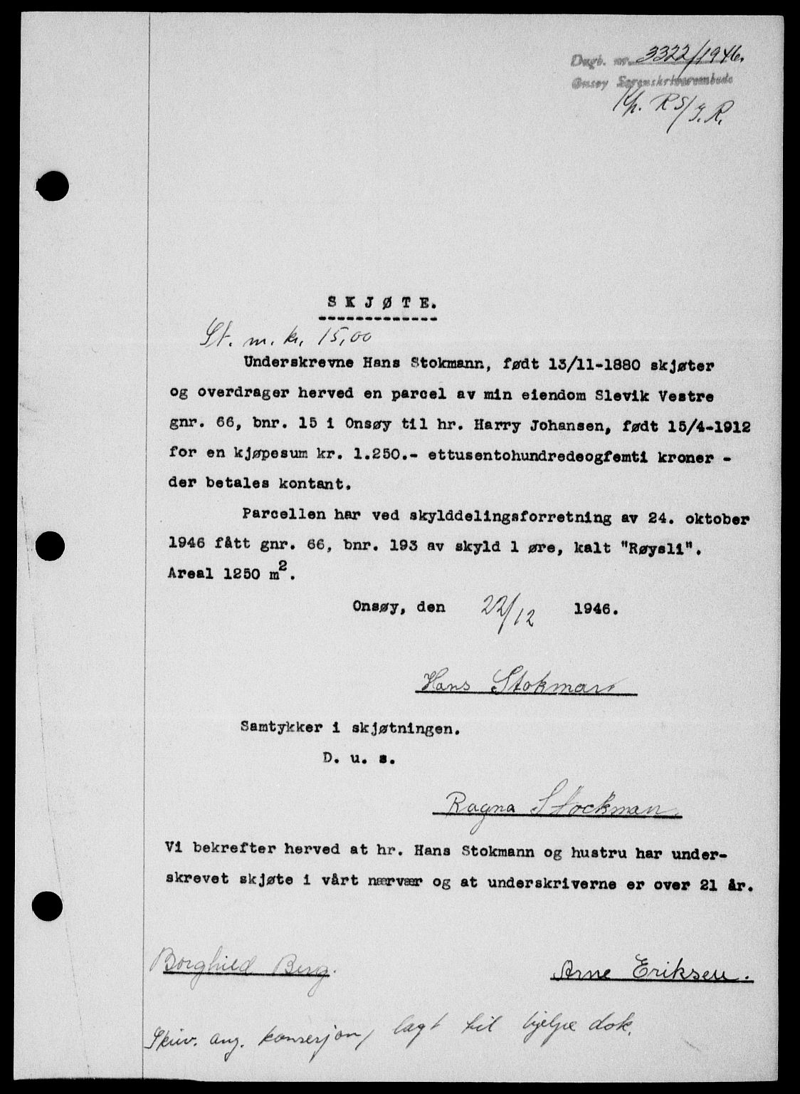 Onsøy sorenskriveri, SAO/A-10474/G/Ga/Gab/L0018: Mortgage book no. II A-18, 1946-1947, Diary no: : 3322/1946