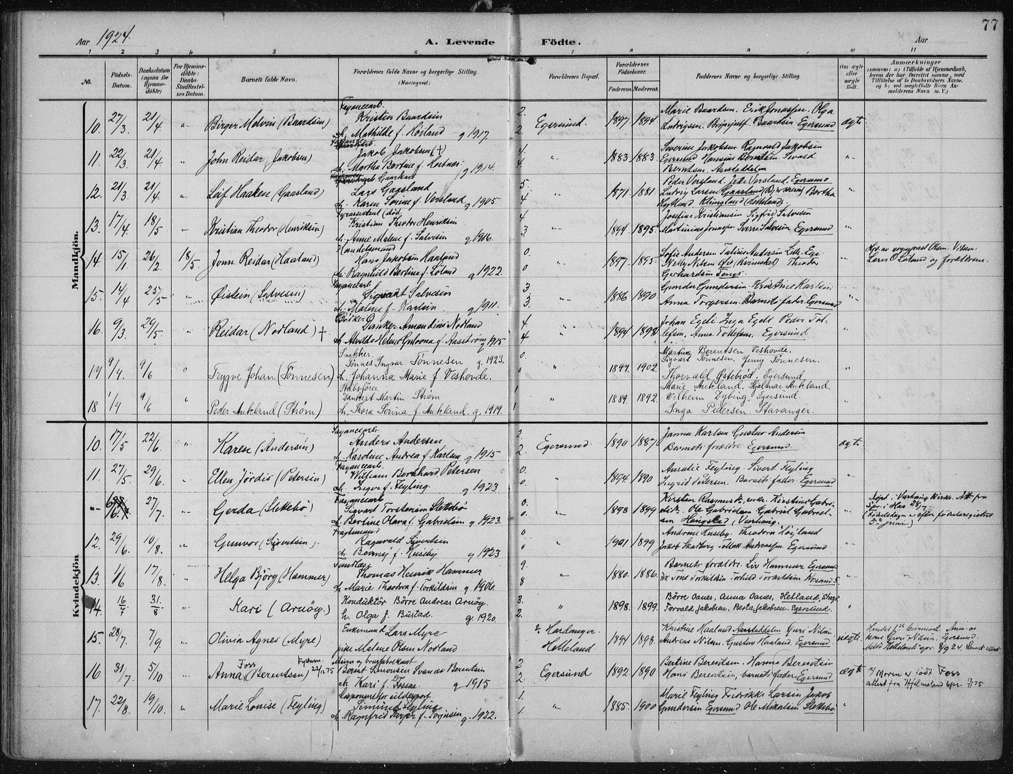 Eigersund sokneprestkontor, AV/SAST-A-101807/S08/L0022: Parish register (official) no. A 21, 1905-1928, p. 77