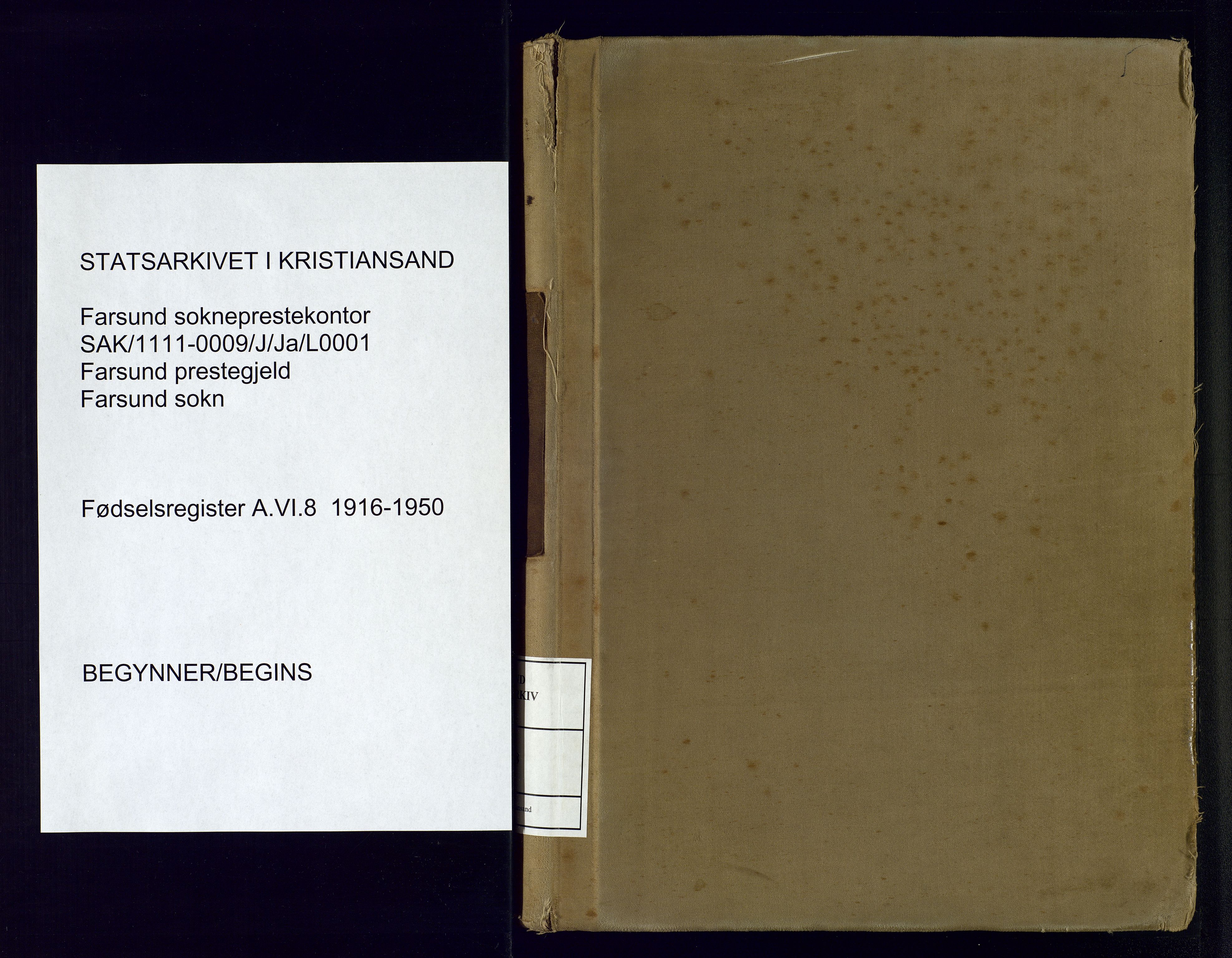 Farsund sokneprestkontor, AV/SAK-1111-0009/J/Ja/L0001: Birth register no. A-VI-8, 1916-1950