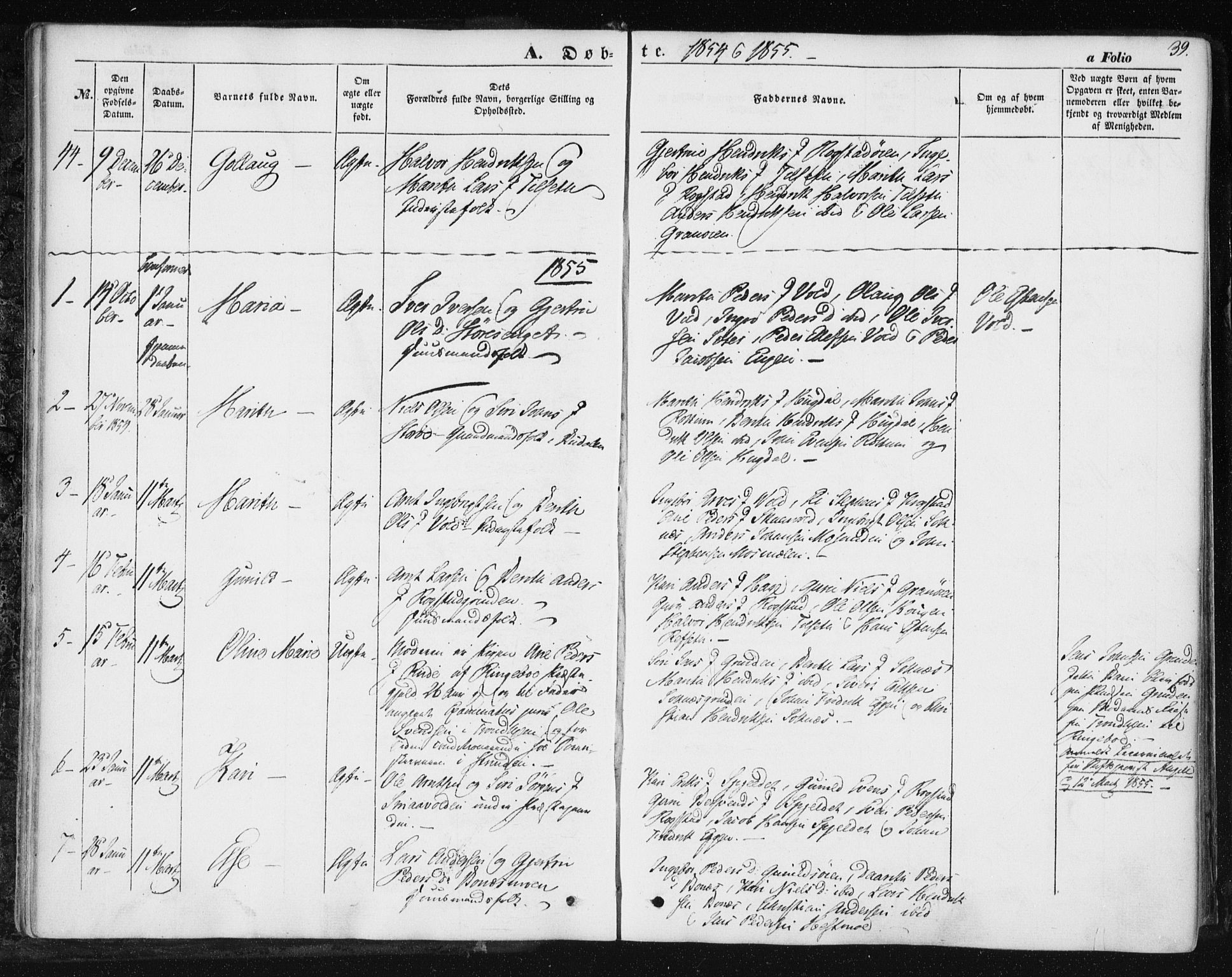Ministerialprotokoller, klokkerbøker og fødselsregistre - Sør-Trøndelag, SAT/A-1456/687/L1000: Parish register (official) no. 687A06, 1848-1869, p. 39