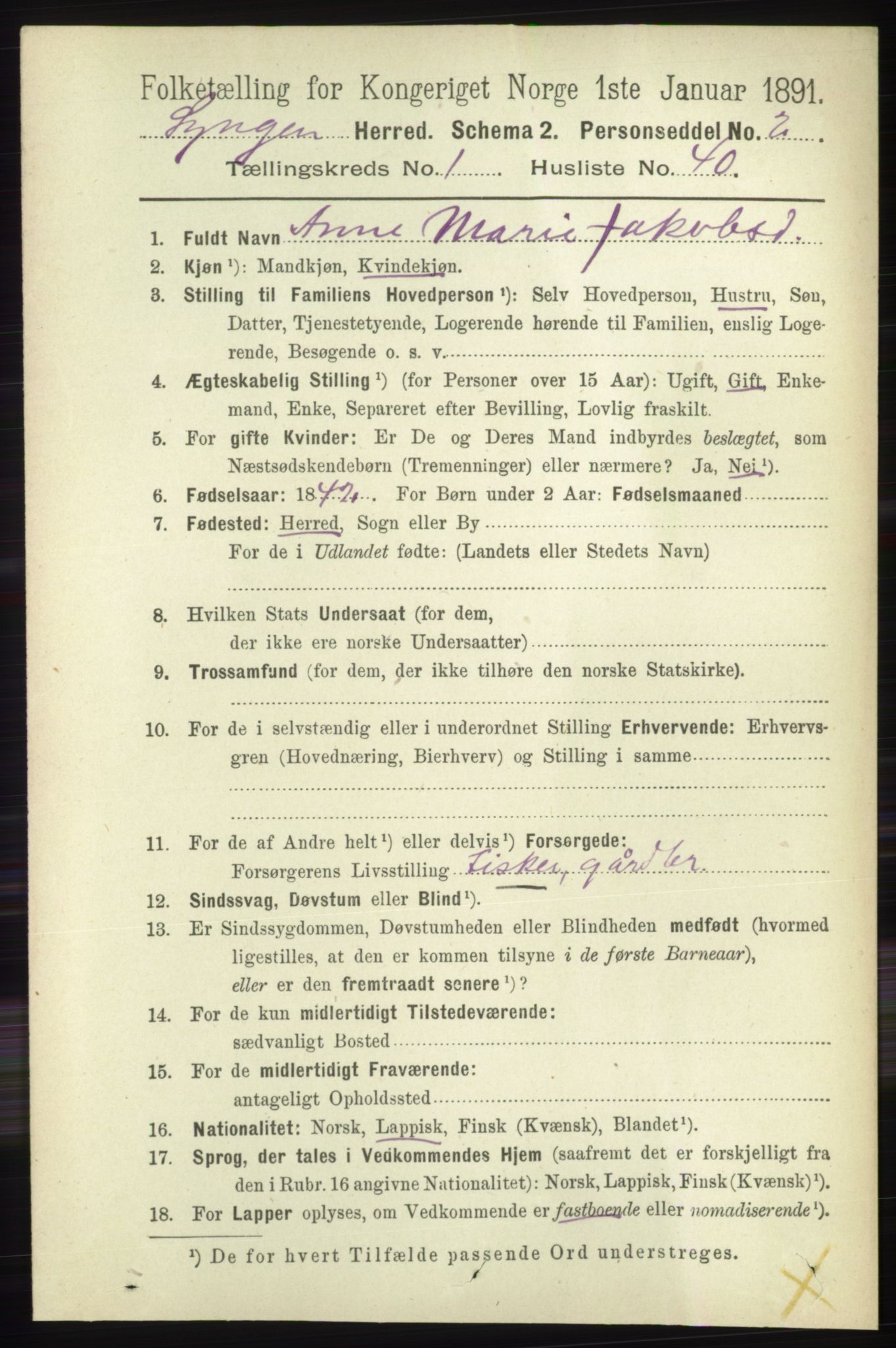 RA, 1891 census for 1938 Lyngen, 1891, p. 540