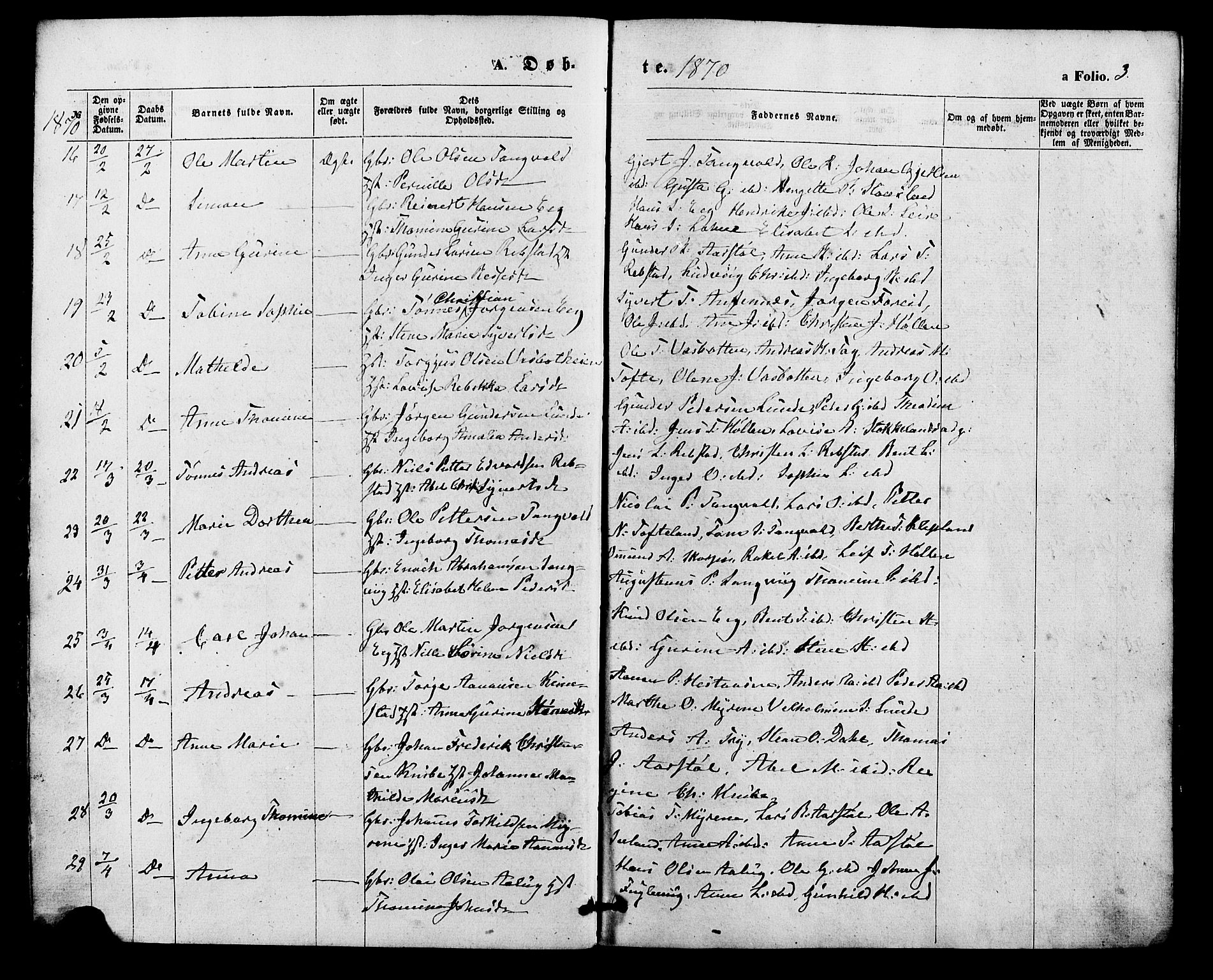 Søgne sokneprestkontor, AV/SAK-1111-0037/F/Fa/Fab/L0011: Parish register (official) no. A 11, 1869-1879, p. 3