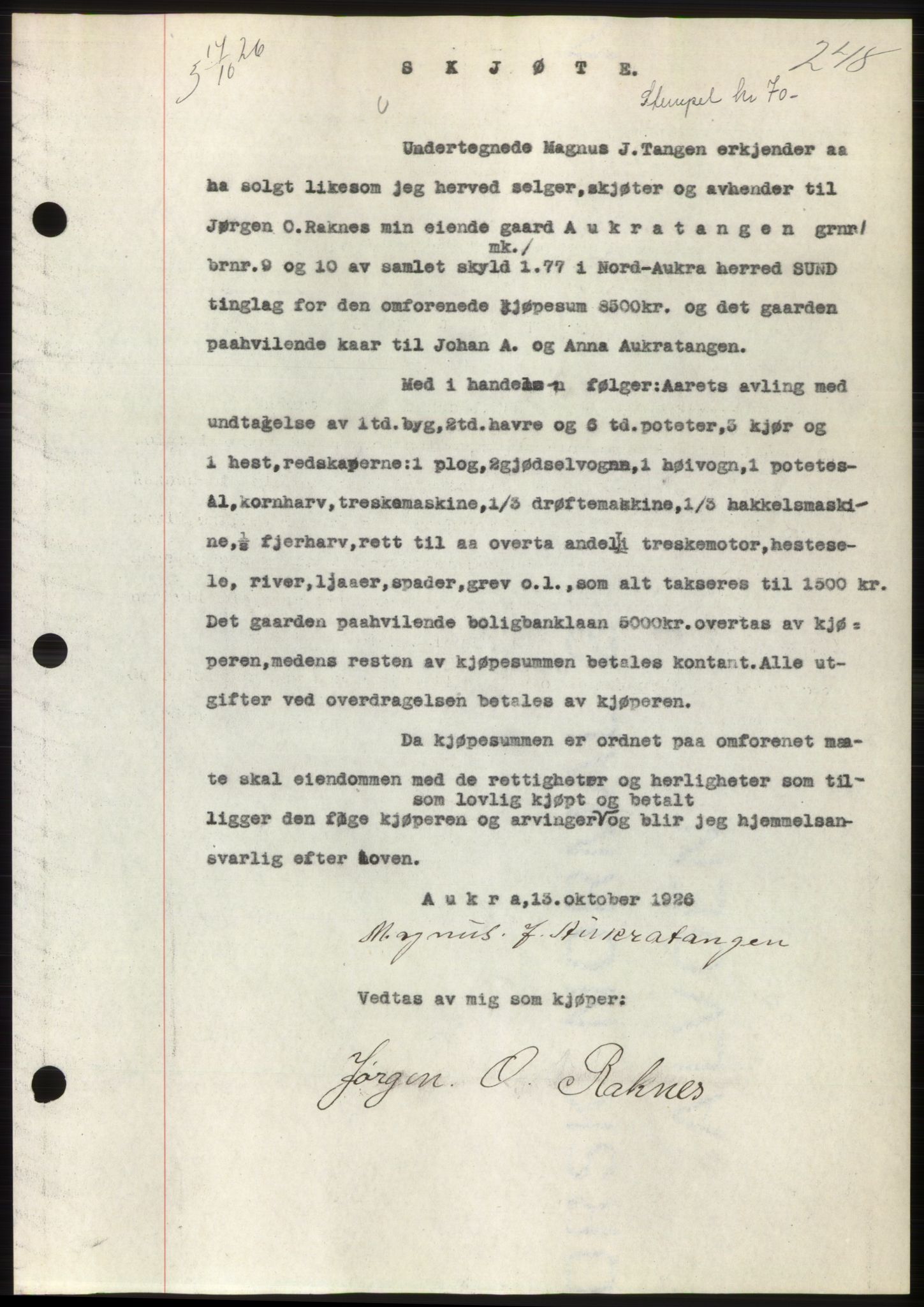 Romsdal sorenskriveri, AV/SAT-A-4149/1/2/2C/L0051: Mortgage book no. 45, 1926-1927, Deed date: 14.10.1926