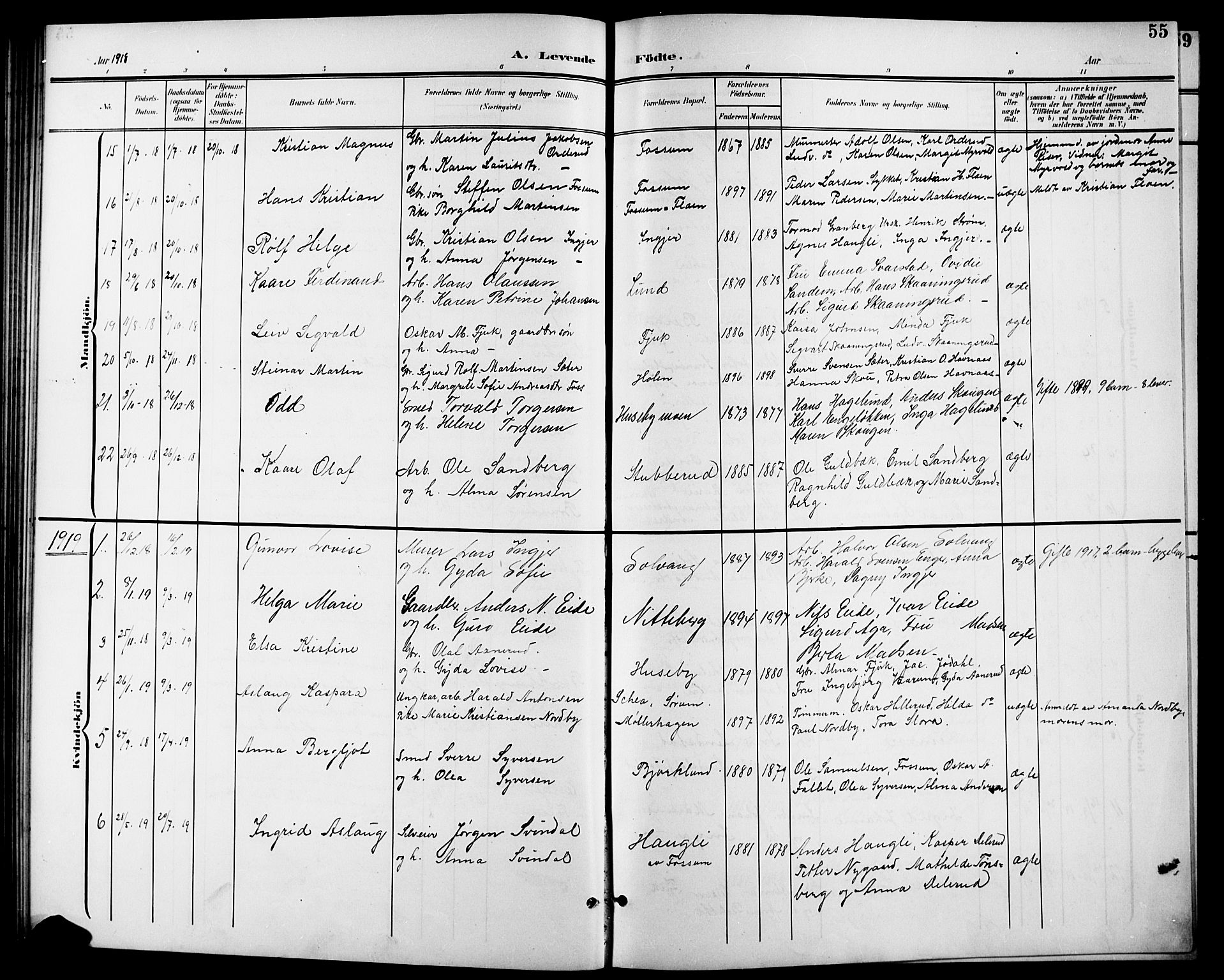 Aurskog prestekontor Kirkebøker, SAO/A-10304a/G/Gb/L0002: Parish register (copy) no. II 2, 1901-1926, p. 55