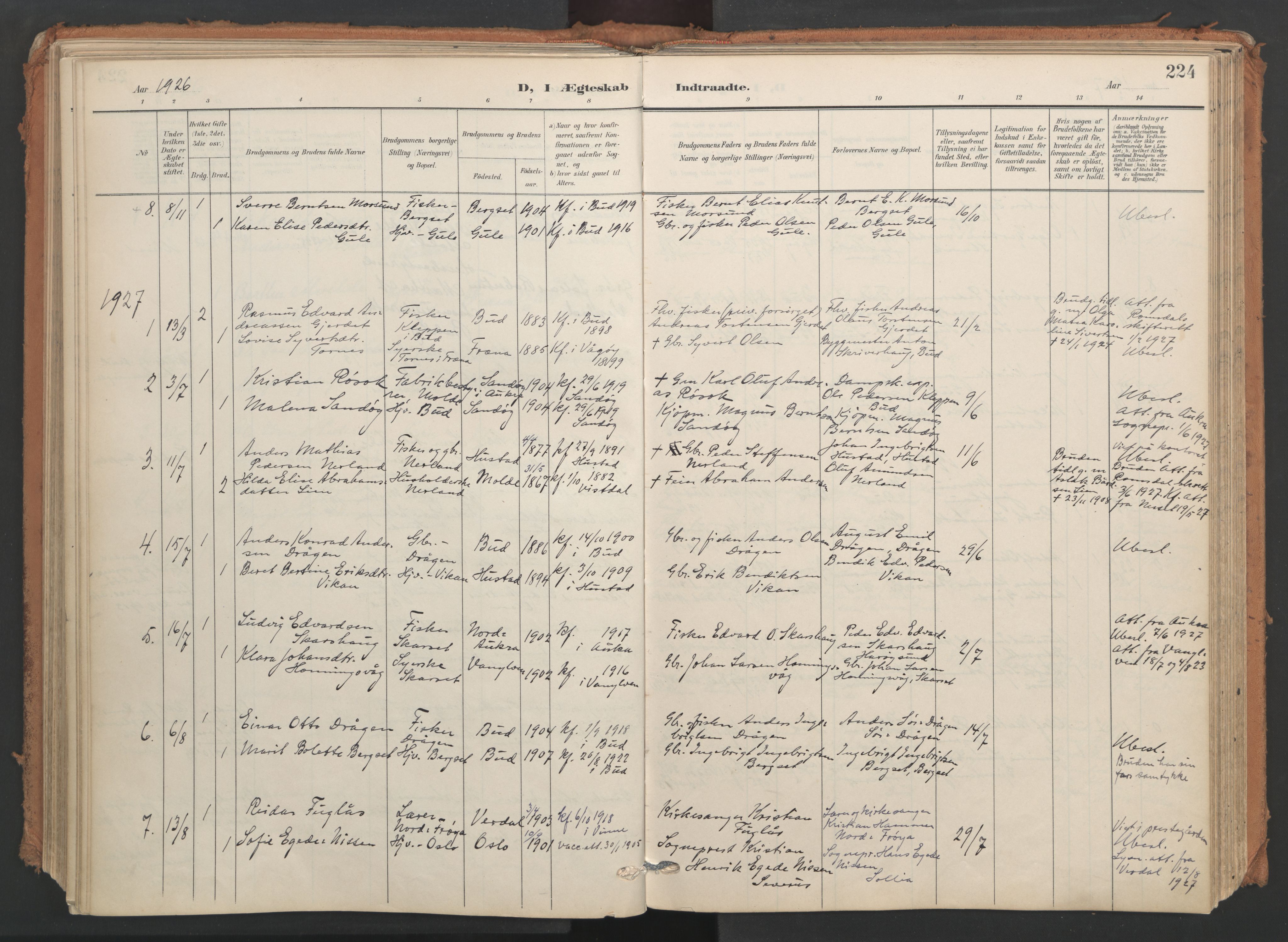 Ministerialprotokoller, klokkerbøker og fødselsregistre - Møre og Romsdal, AV/SAT-A-1454/566/L0771: Parish register (official) no. 566A10, 1904-1929, p. 224