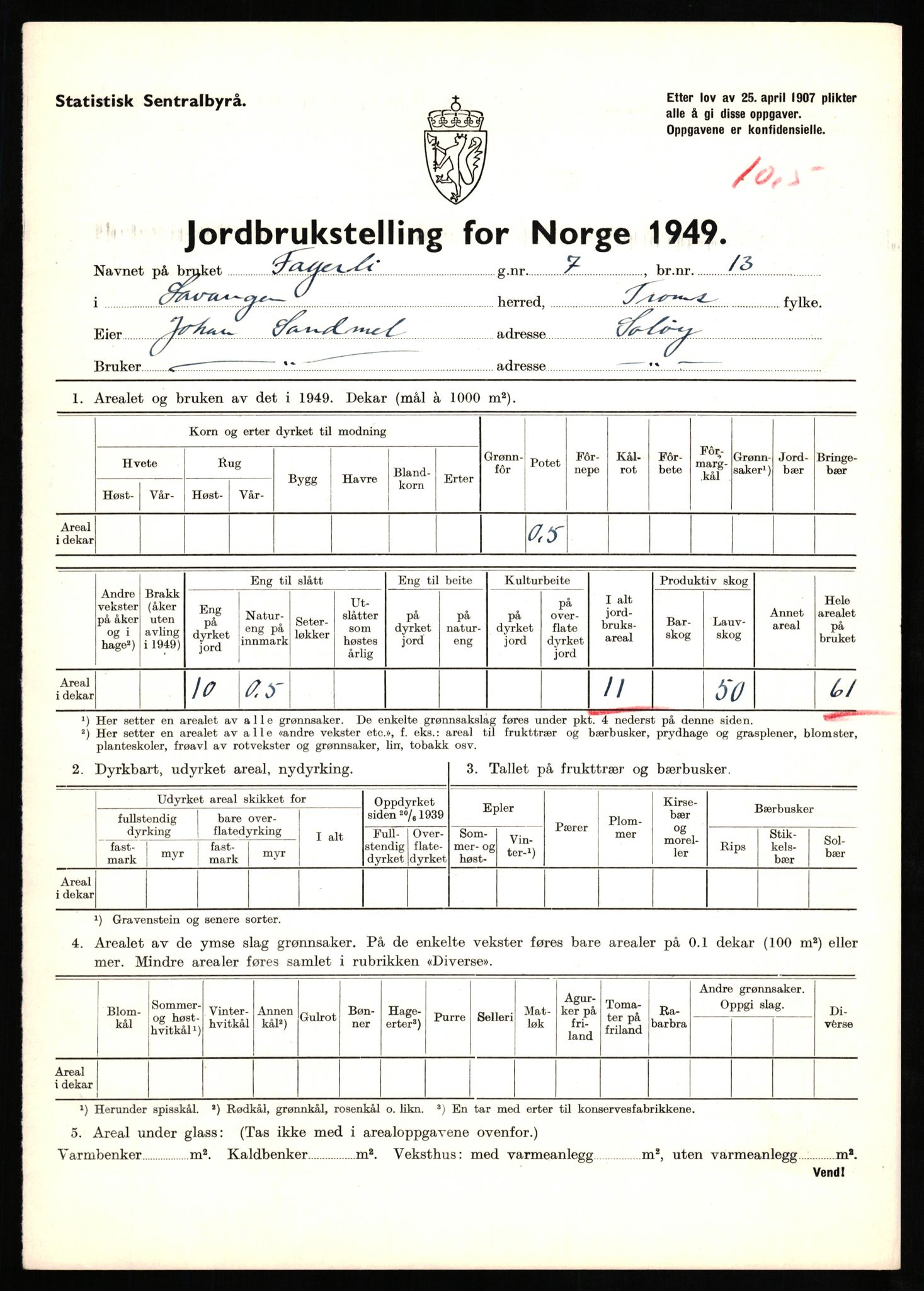 Statistisk sentralbyrå, Næringsøkonomiske emner, Jordbruk, skogbruk, jakt, fiske og fangst, AV/RA-S-2234/G/Gc/L0437: Troms: Gratangen og Lavangen, 1949, p. 66