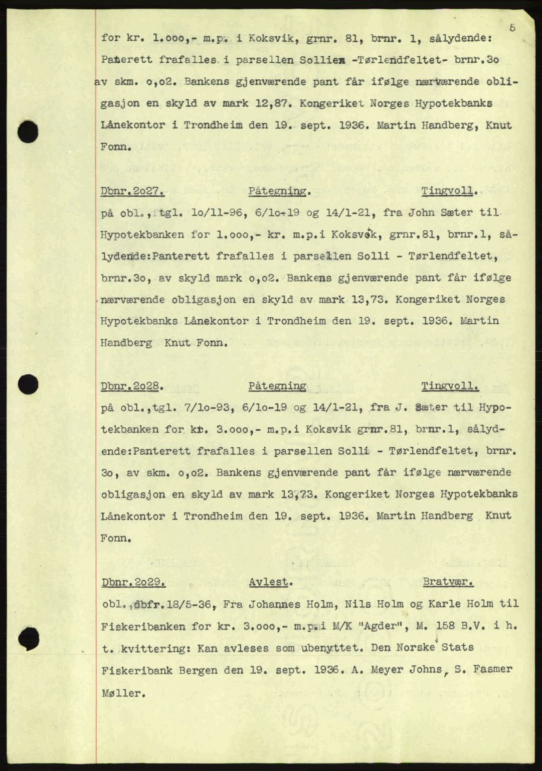 Nordmøre sorenskriveri, AV/SAT-A-4132/1/2/2Ca: Mortgage book no. C80, 1936-1939, Diary no: : 2027/1936