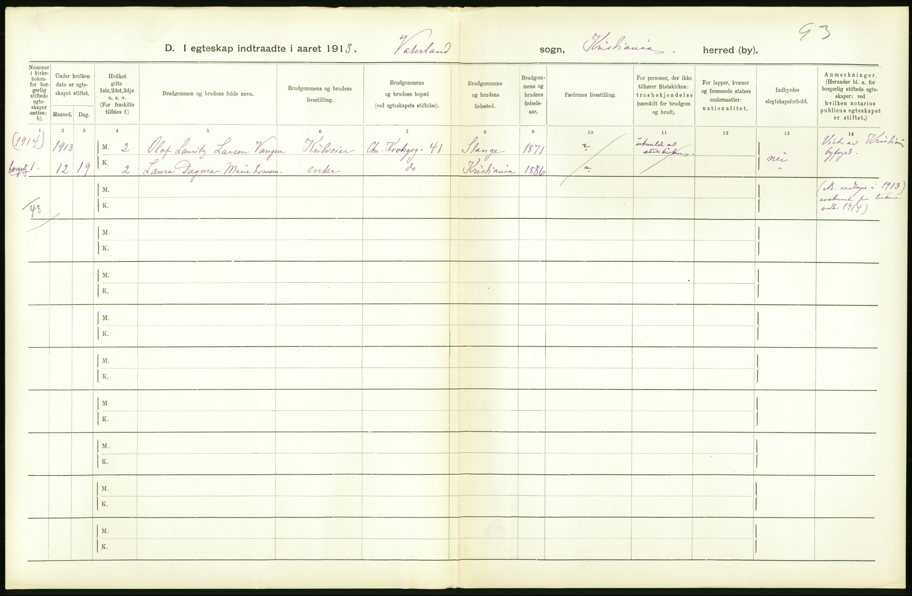 Statistisk sentralbyrå, Sosiodemografiske emner, Befolkning, RA/S-2228/D/Df/Dfb/Dfbc/L0008: Kristiania: Gifte., 1913, p. 114