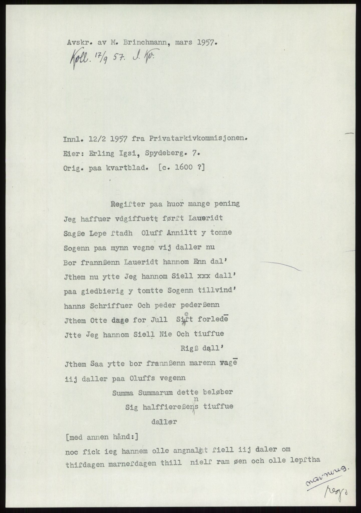 Samlinger til kildeutgivelse, Diplomavskriftsamlingen, RA/EA-4053/H/Ha, p. 365