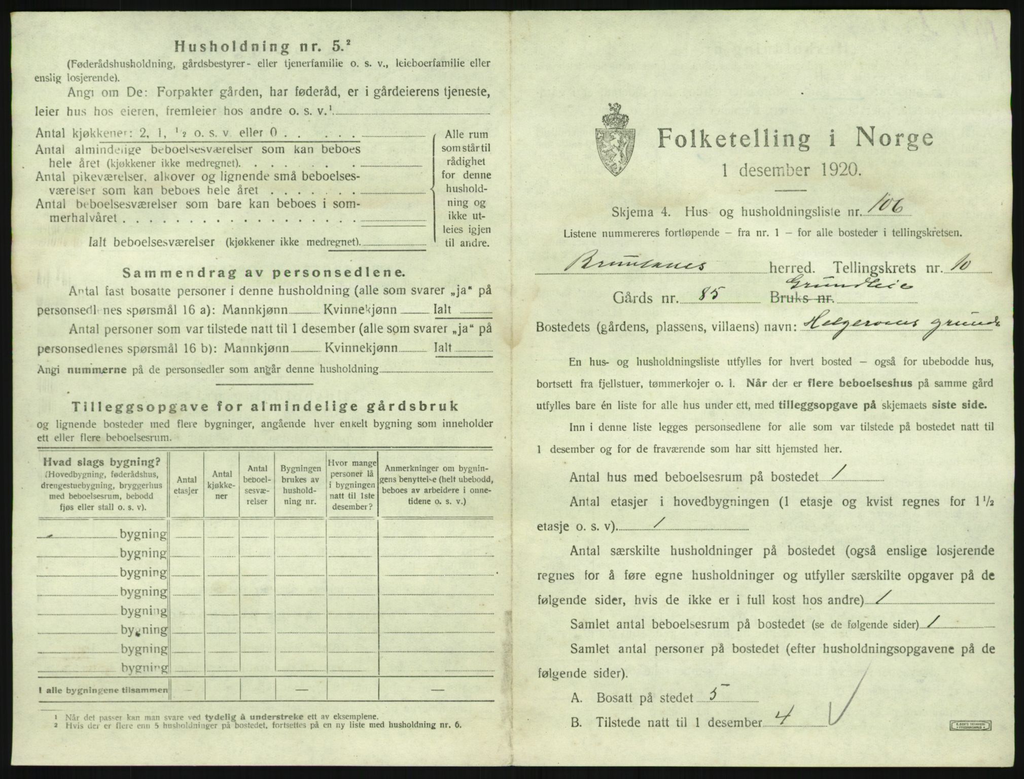 SAKO, 1920 census for Brunlanes, 1920, p. 1457