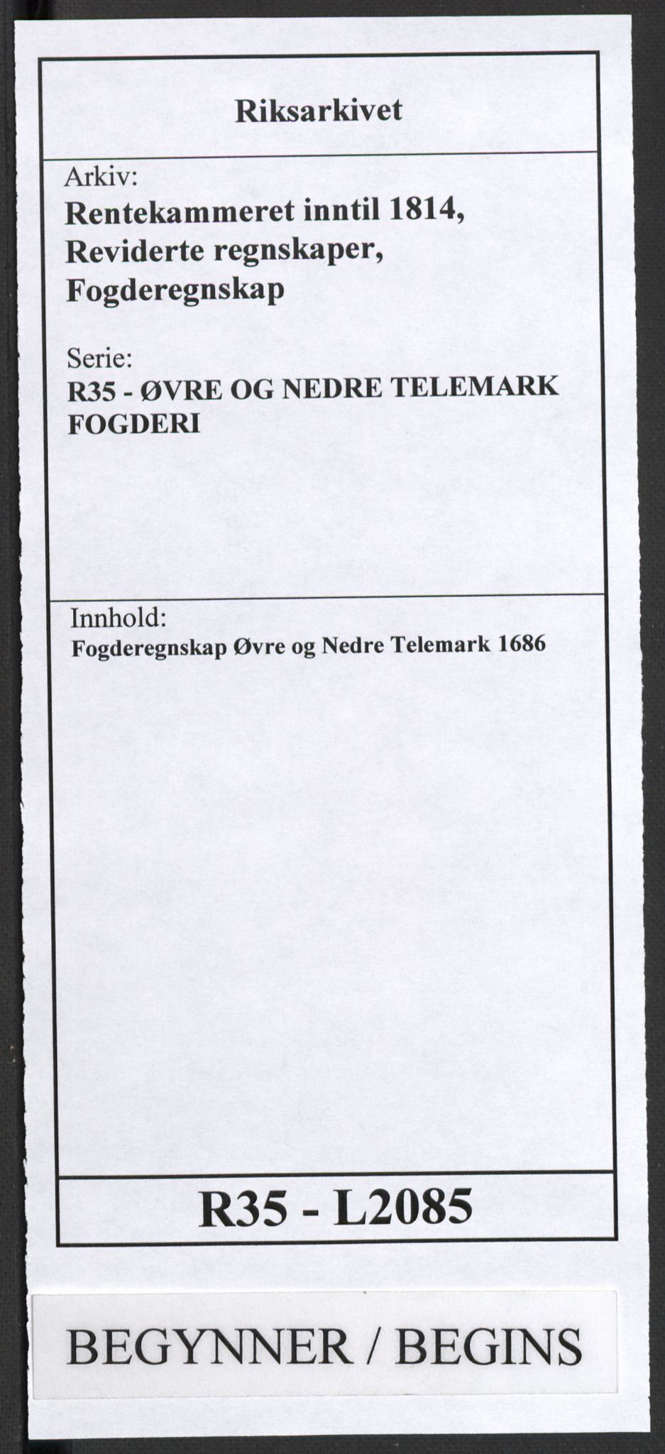 Rentekammeret inntil 1814, Reviderte regnskaper, Fogderegnskap, RA/EA-4092/R35/L2085: Fogderegnskap Øvre og Nedre Telemark, 1686, p. 1