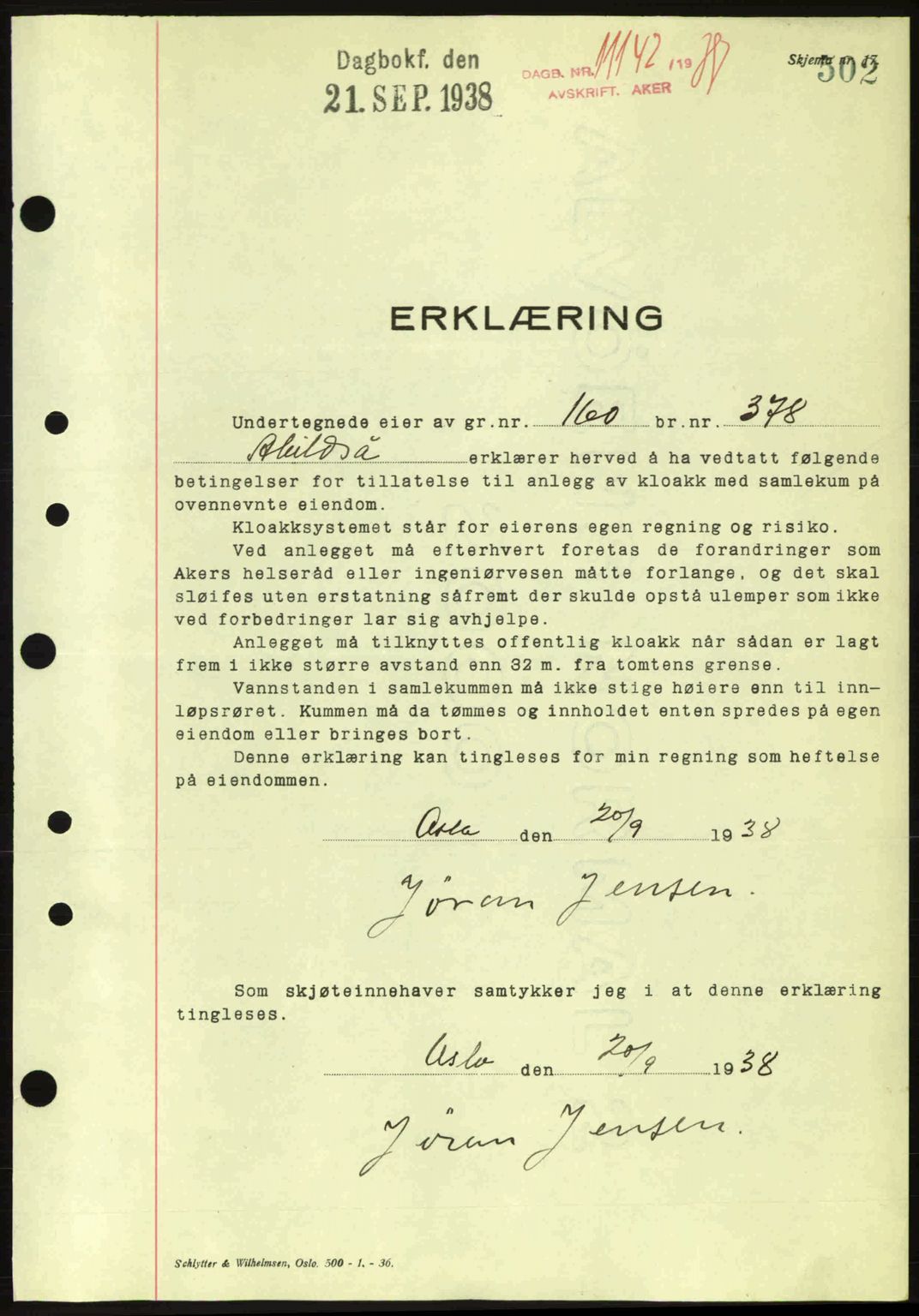 Aker herredsskriveri, SAO/A-10896/G/Gb/Gba/Gbab/L0025: Mortgage book no. A154-155, 1938-1938, Diary no: : 11142/1938