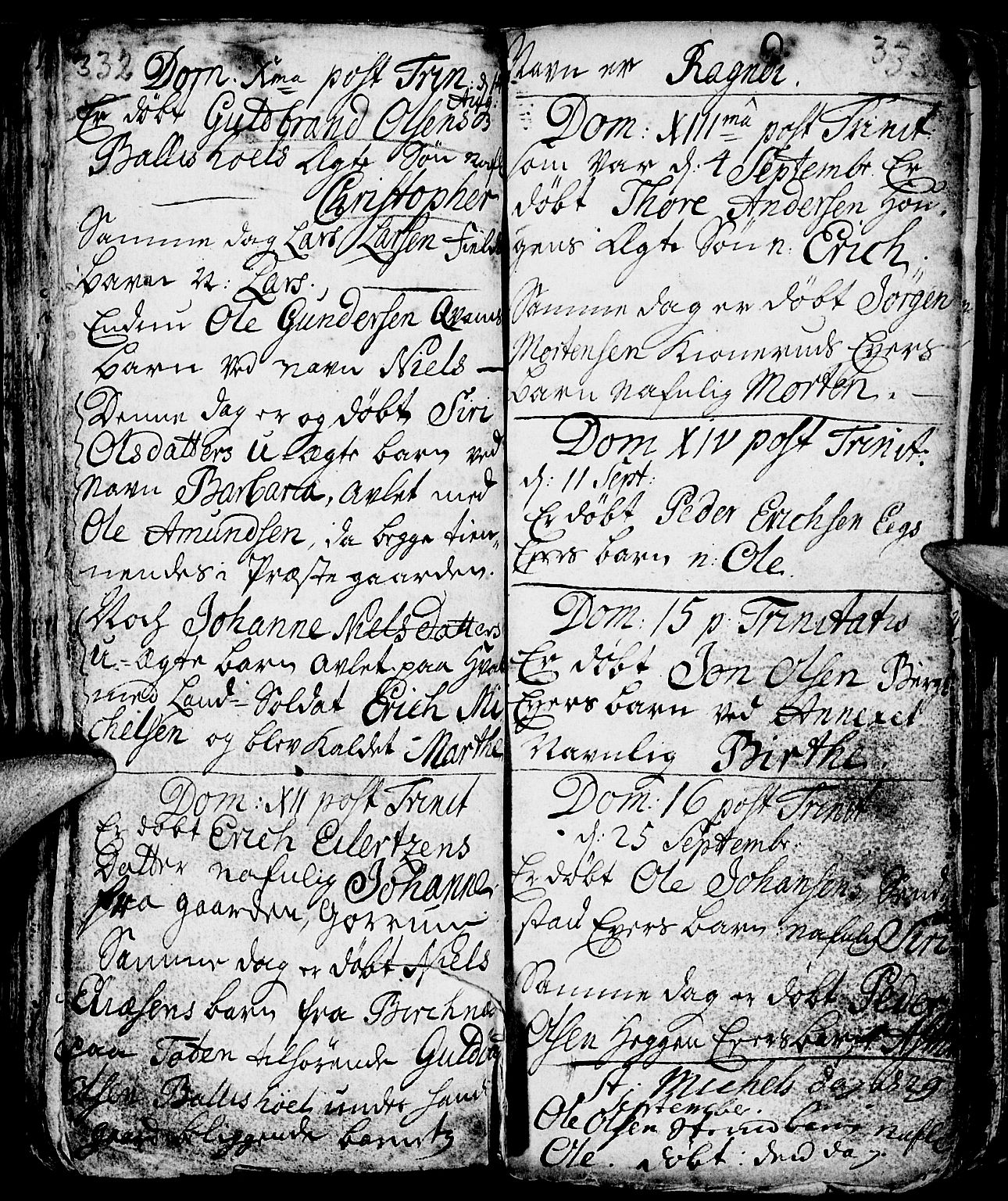 Nes prestekontor, Hedmark, AV/SAH-PREST-020/L/La/L0001: Parish register (copy) no. 1, 1663-1784, p. 332-333