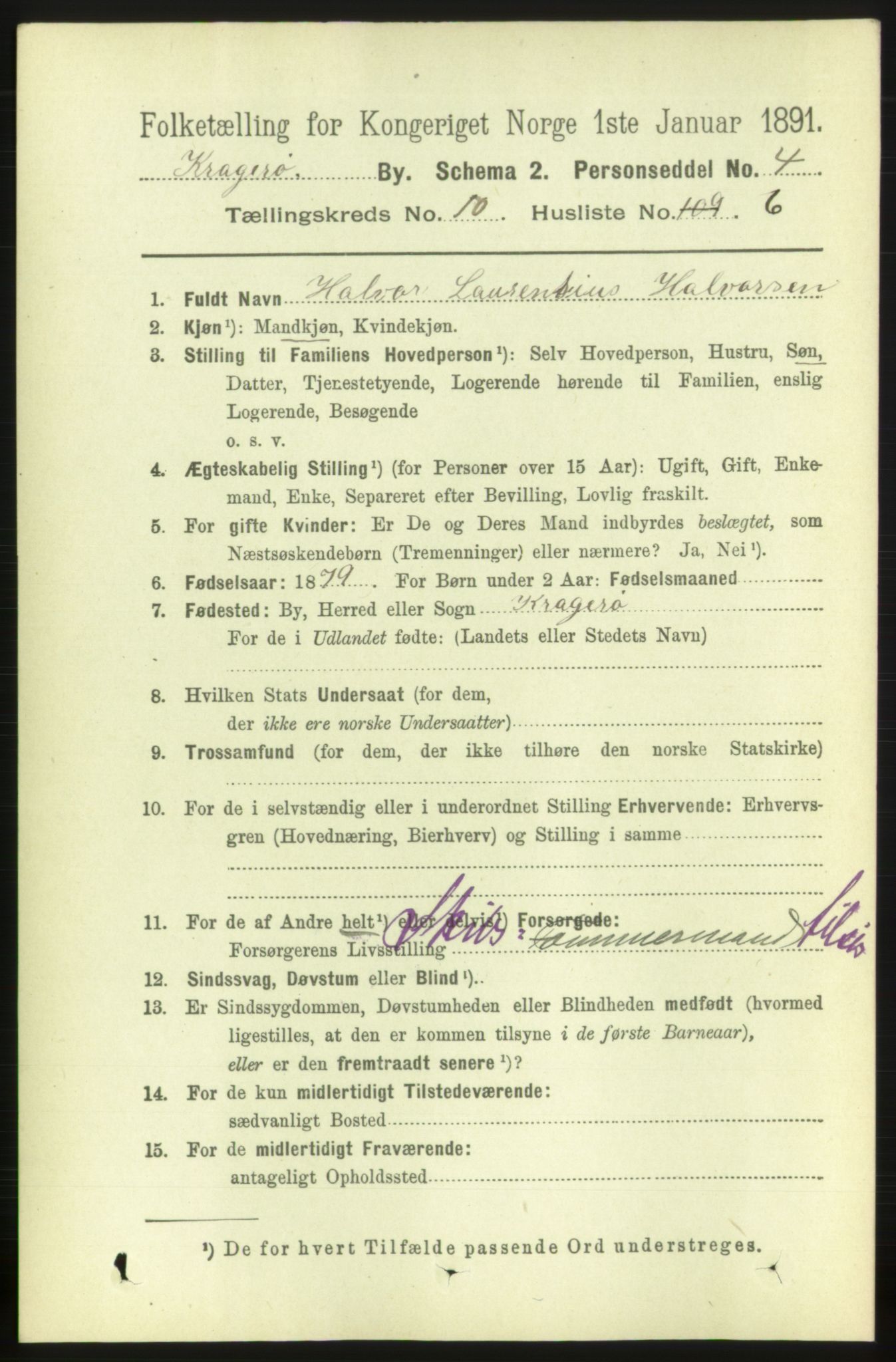 RA, 1891 census for 0801 Kragerø, 1891, p. 3792