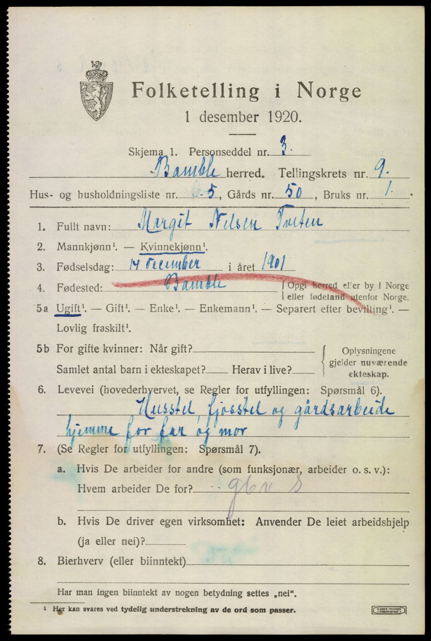 SAKO, 1920 census for Bamble, 1920, p. 7849