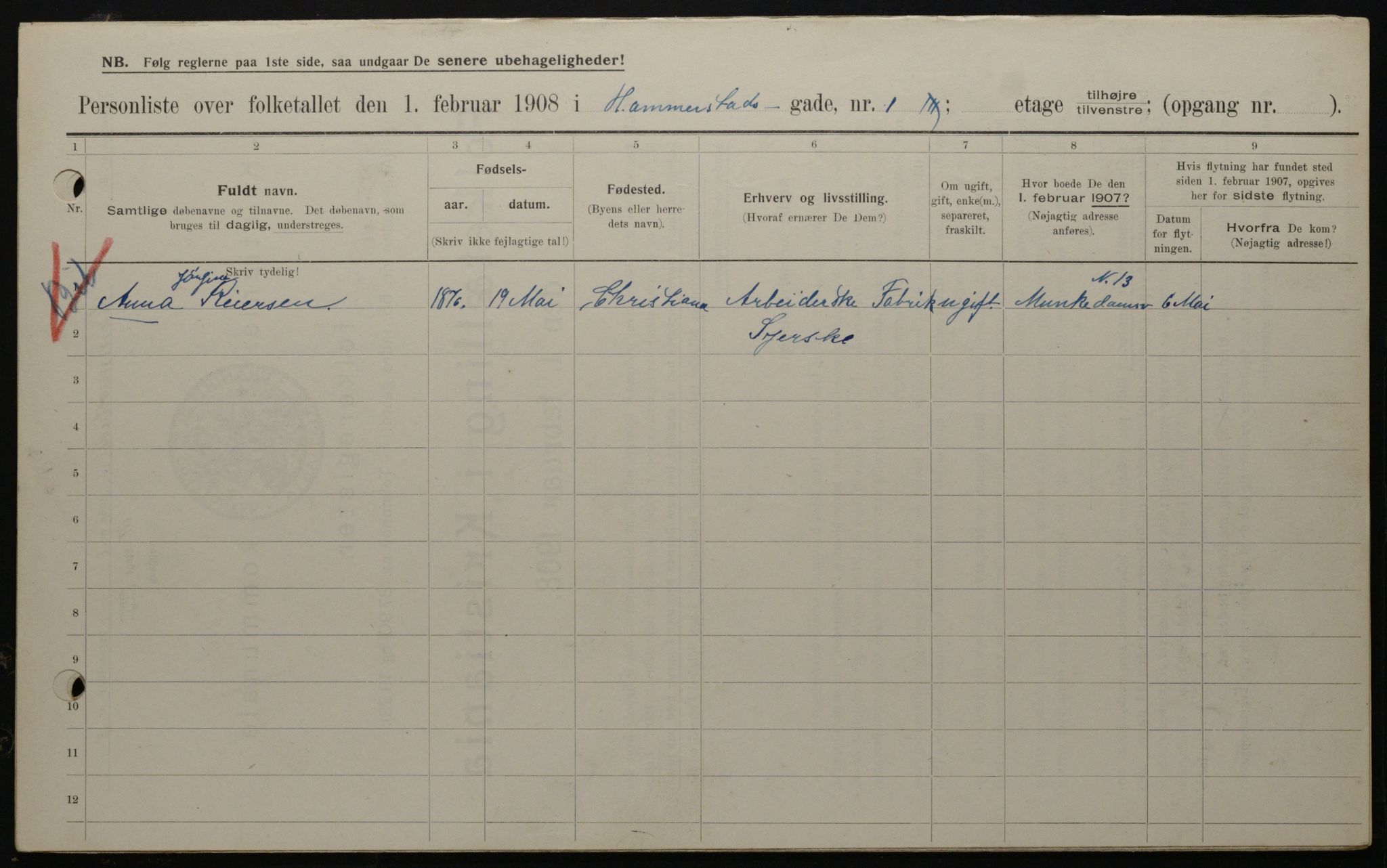 OBA, Municipal Census 1908 for Kristiania, 1908, p. 31127