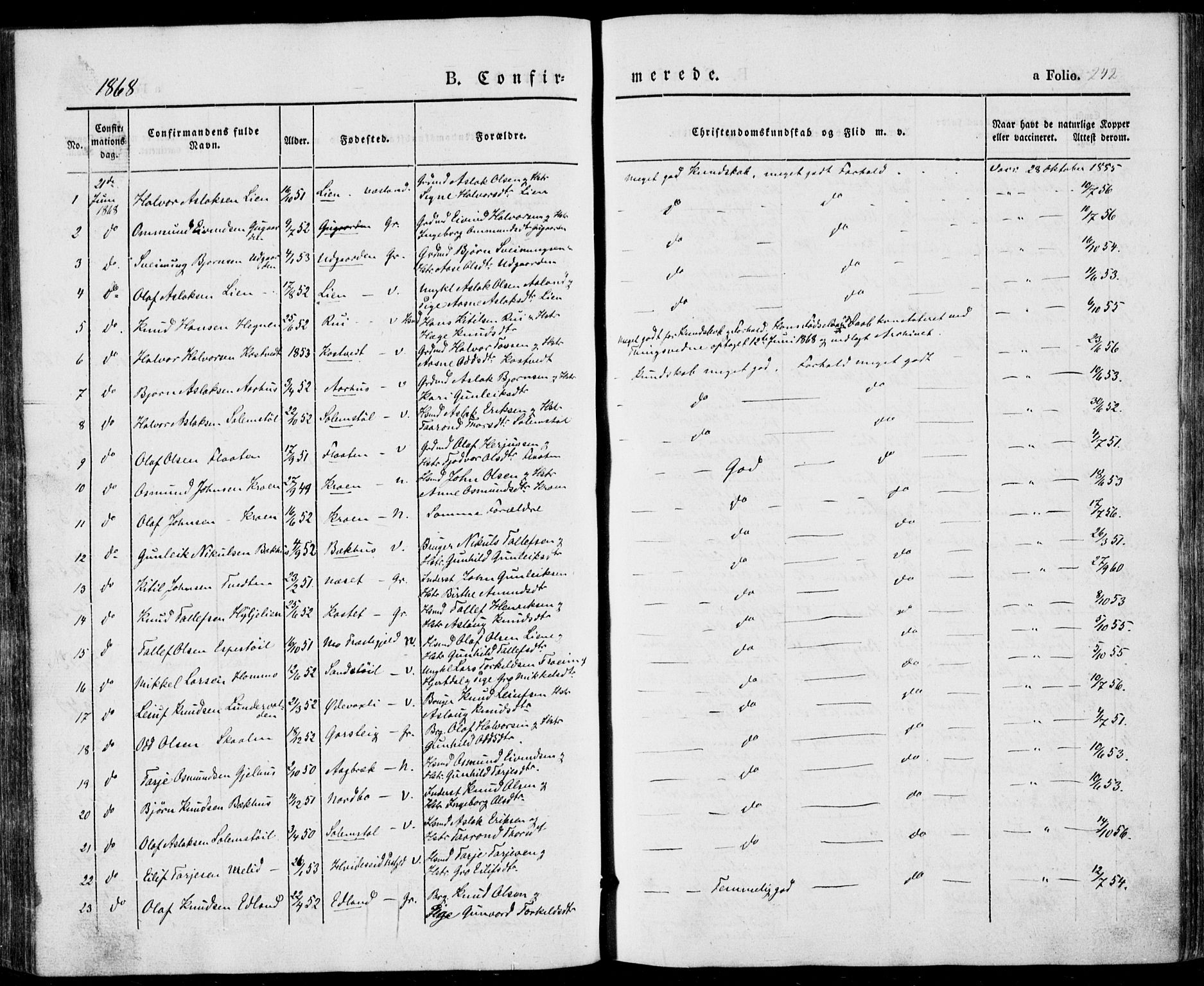 Vinje kirkebøker, SAKO/A-312/F/Fa/L0004: Parish register (official) no. I 4, 1843-1869, p. 242