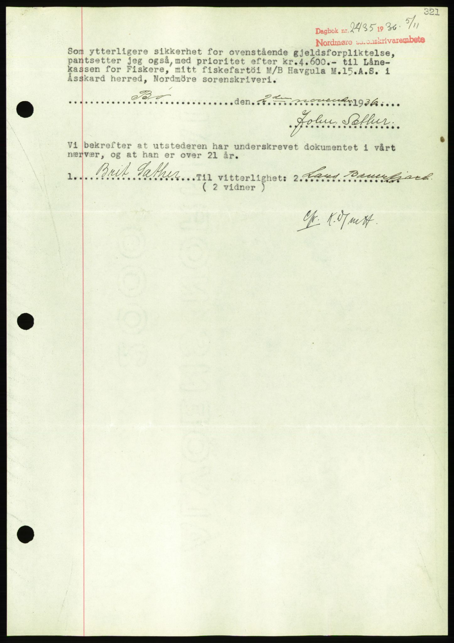 Nordmøre sorenskriveri, AV/SAT-A-4132/1/2/2Ca/L0090: Mortgage book no. B80, 1936-1937, Diary no: : 2435/1936