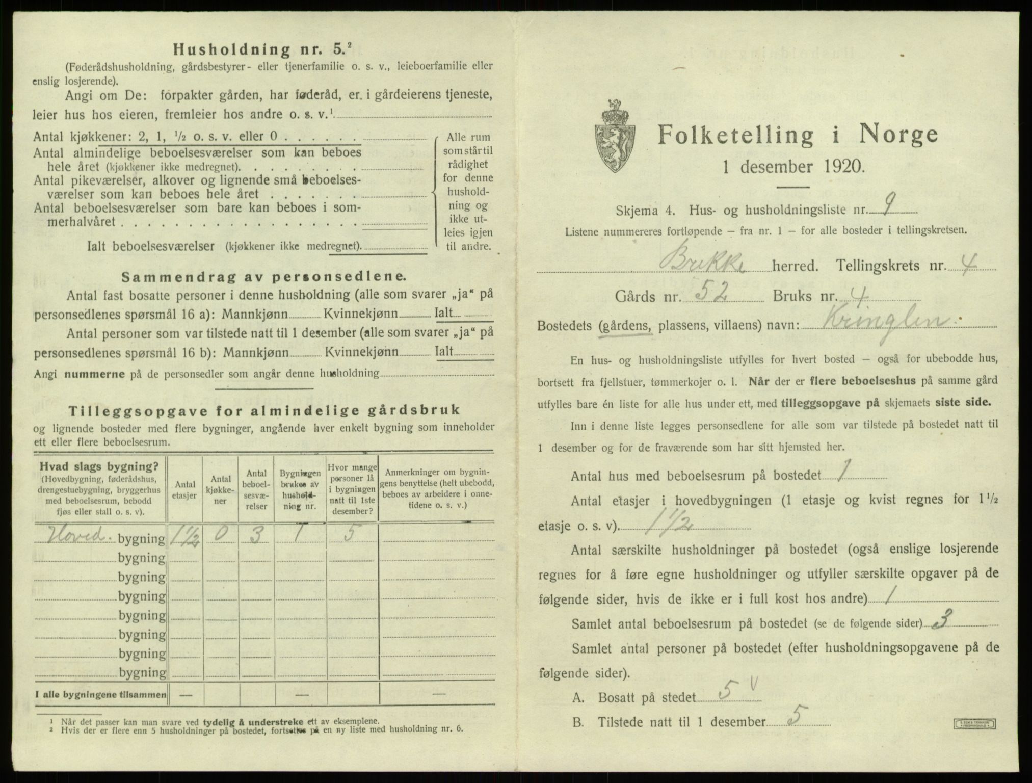 SAB, 1920 census for Brekke, 1920, p. 142