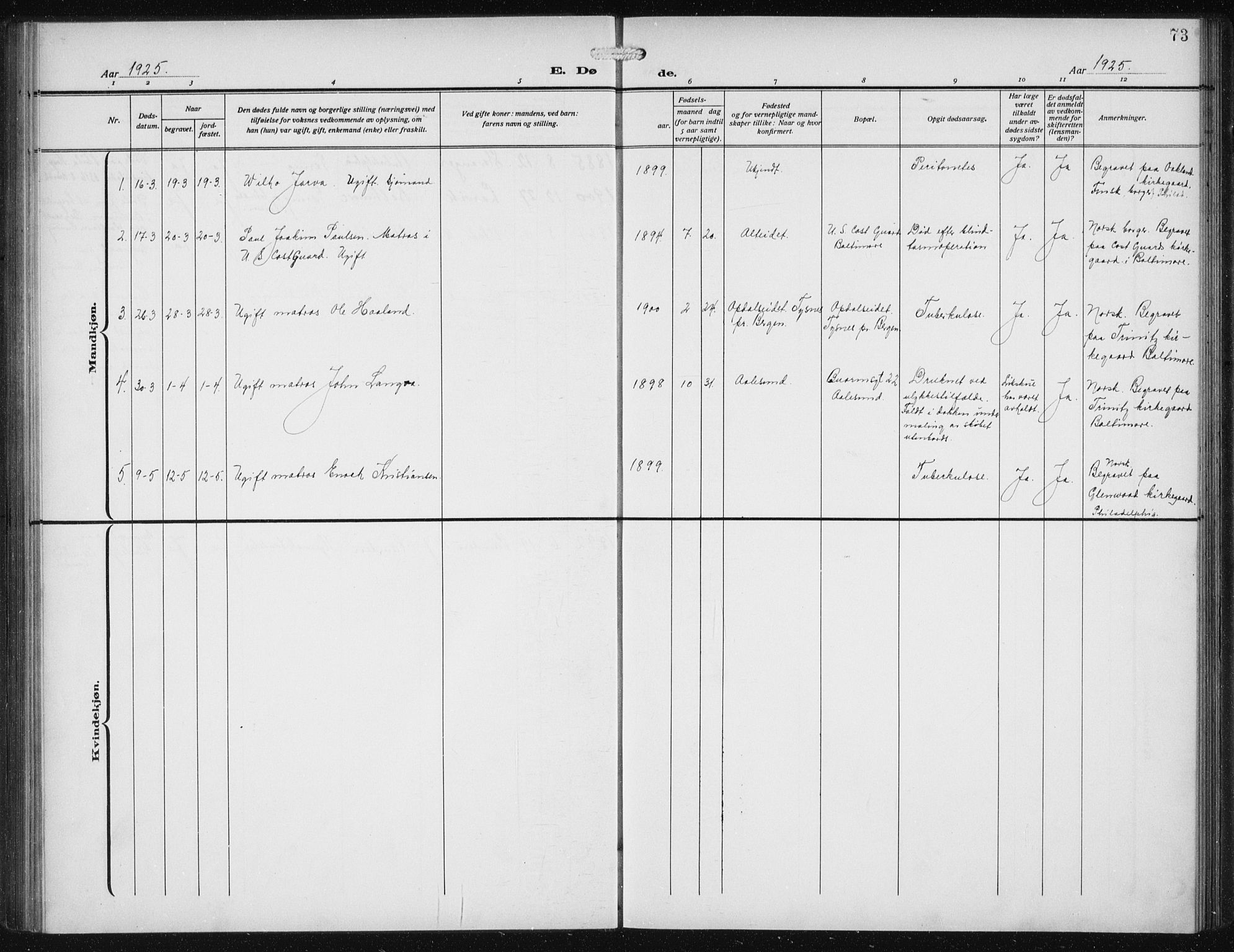 Den norske sjømannsmisjon i utlandet/Philadelphia, SAB/SAB/PA-0113/H/Ha/L0001: Parish register (official) no. A 1, 1912-1931, p. 73
