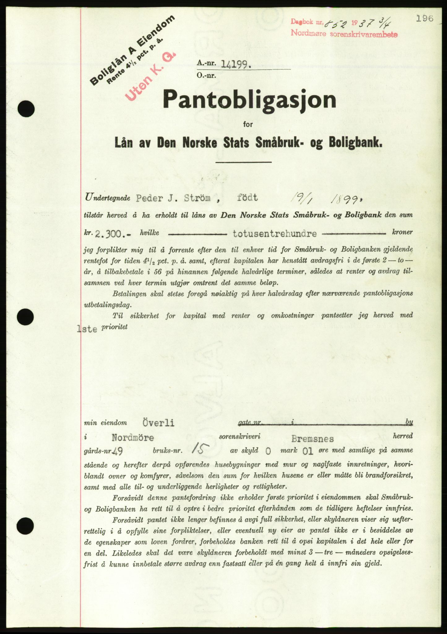 Nordmøre sorenskriveri, AV/SAT-A-4132/1/2/2Ca/L0091: Mortgage book no. B81, 1937-1937, Diary no: : 852/1937