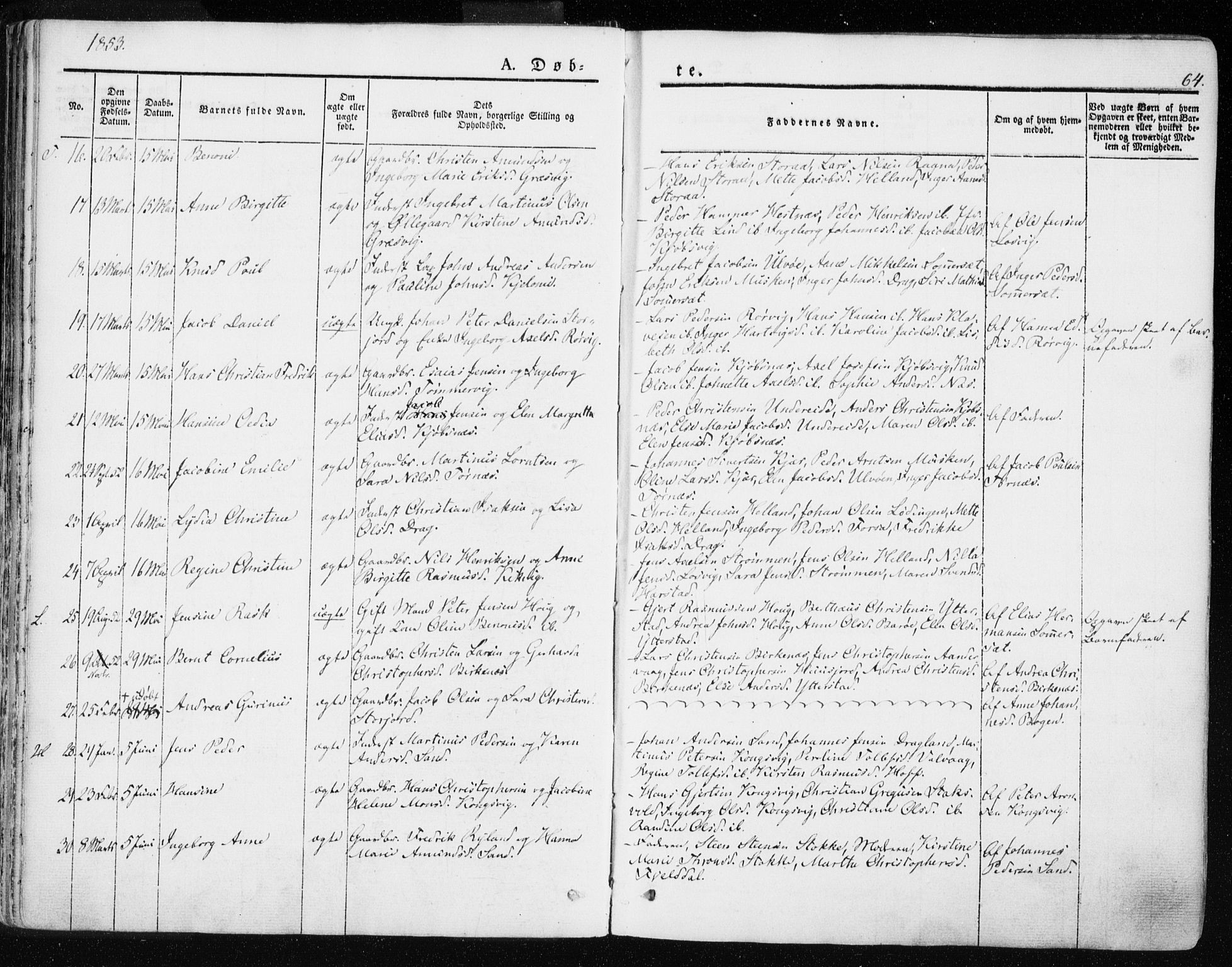 Ministerialprotokoller, klokkerbøker og fødselsregistre - Nordland, AV/SAT-A-1459/872/L1033: Parish register (official) no. 872A08, 1840-1863, p. 64