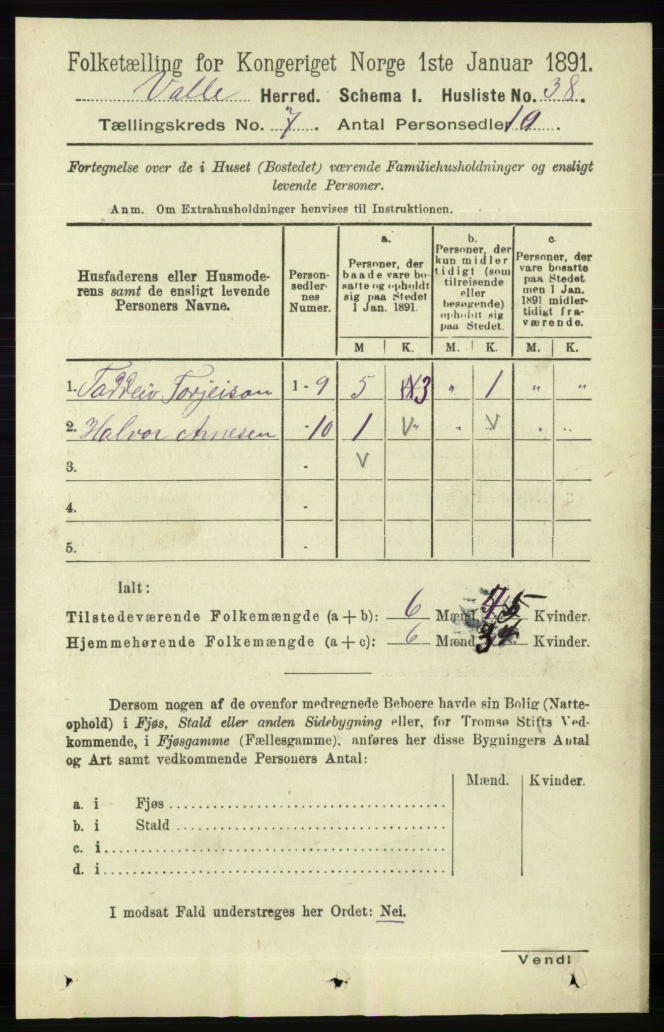 RA, 1891 census for 0940 Valle, 1891, p. 1962