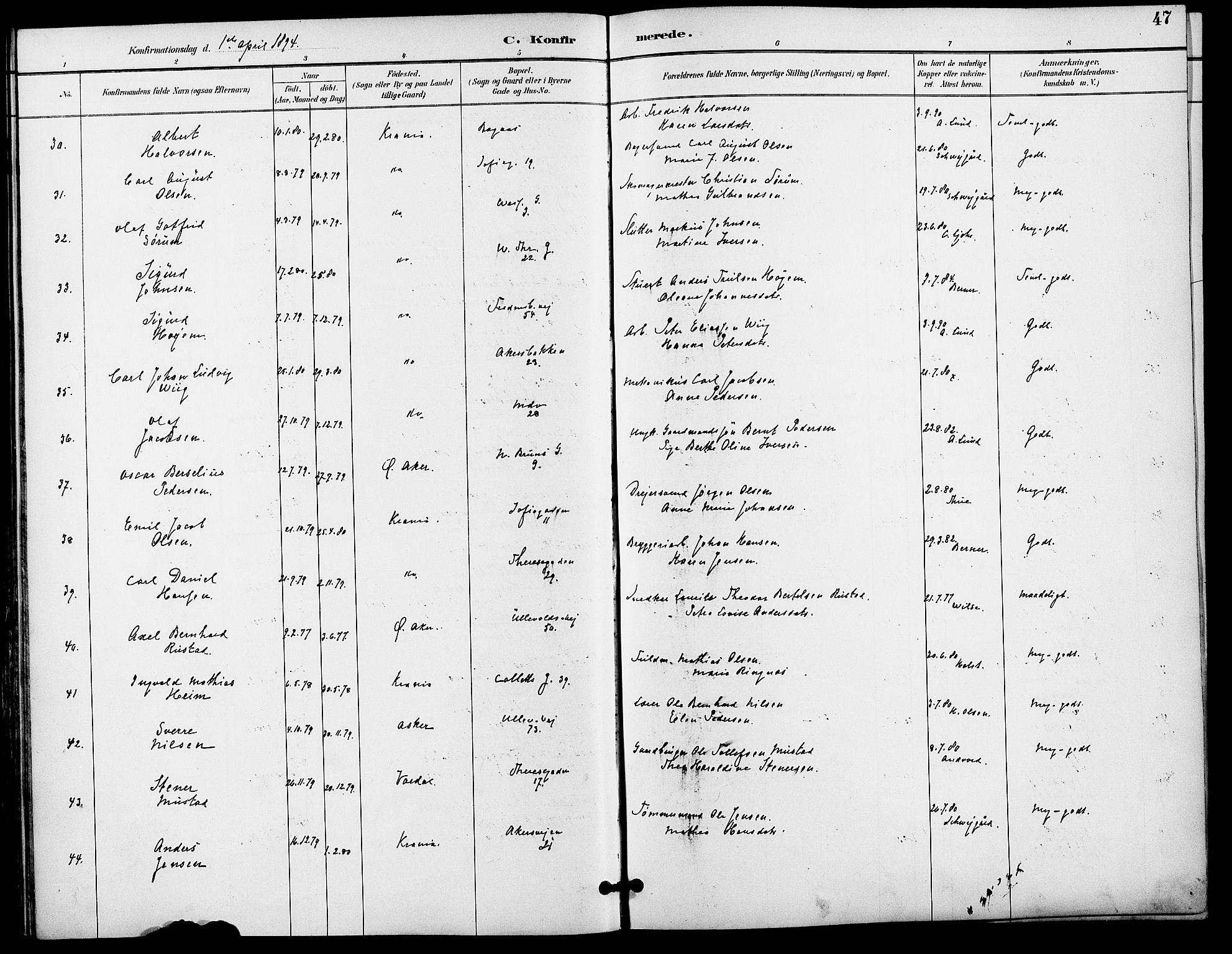 Gamle Aker prestekontor Kirkebøker, SAO/A-10617a/F/L0009: Parish register (official) no. 9, 1890-1898, p. 47