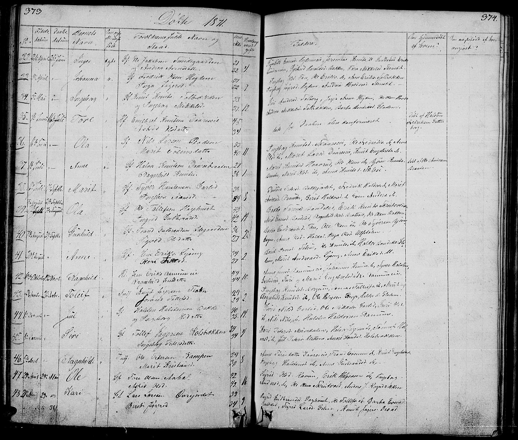 Nord-Aurdal prestekontor, AV/SAH-PREST-132/H/Ha/Hab/L0001: Parish register (copy) no. 1, 1834-1887, p. 373-374