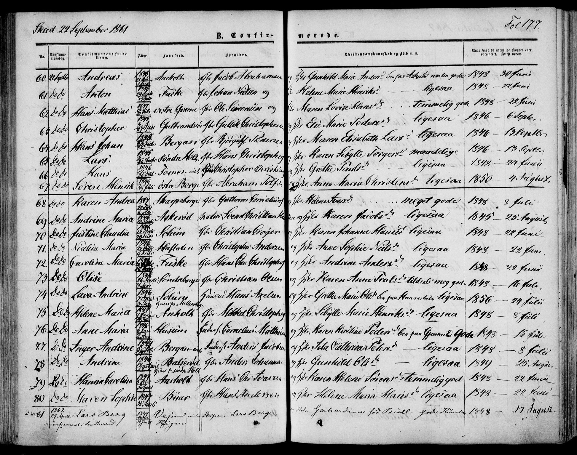 Stokke kirkebøker, AV/SAKO-A-320/F/Fa/L0008: Parish register (official) no. I 8, 1858-1871, p. 177