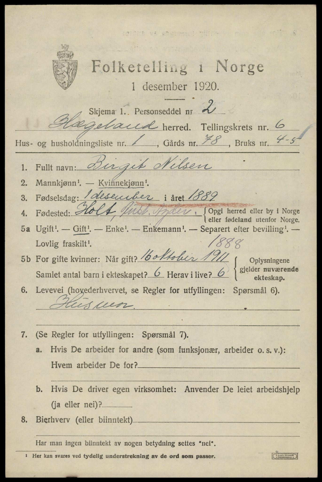 SAK, 1920 census for Hægeland, 1920, p. 2103