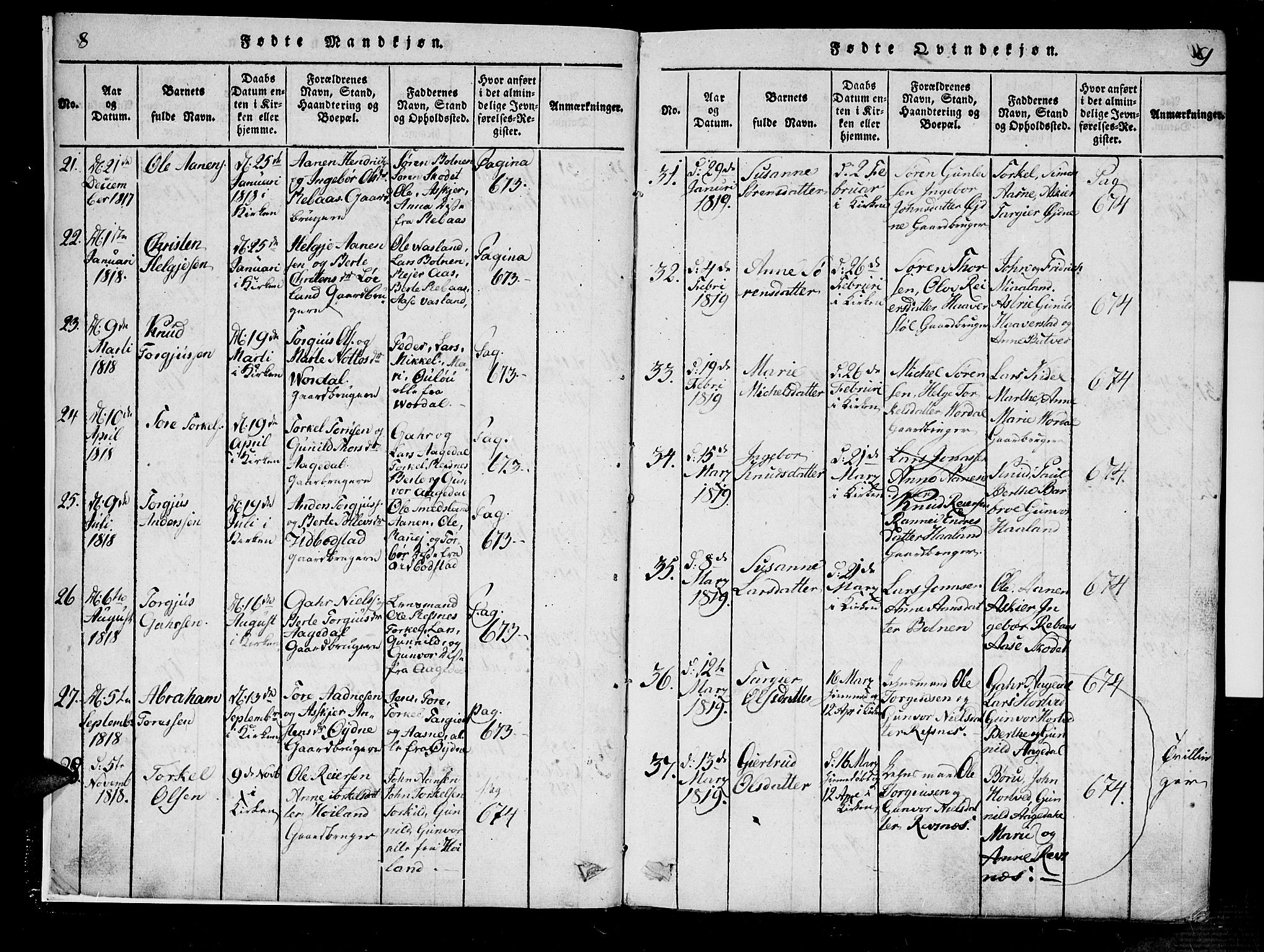 Bjelland sokneprestkontor, SAK/1111-0005/F/Fa/Fac/L0001: Parish register (official) no. A 1, 1815-1866, p. 8-9