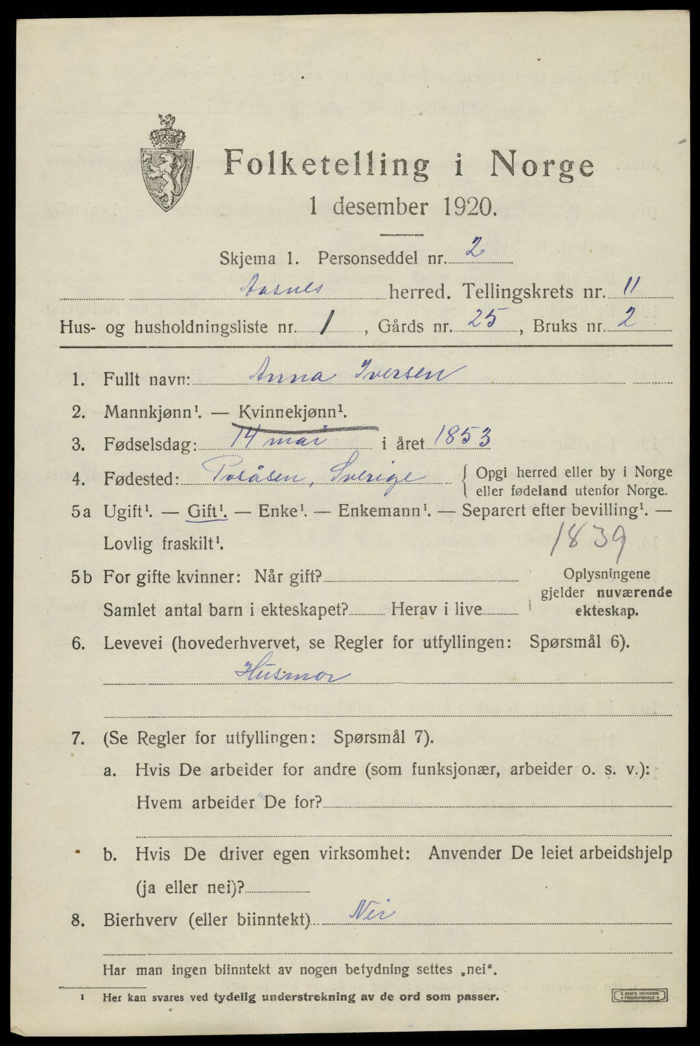 SAH, 1920 census for Åsnes, 1920, p. 11446