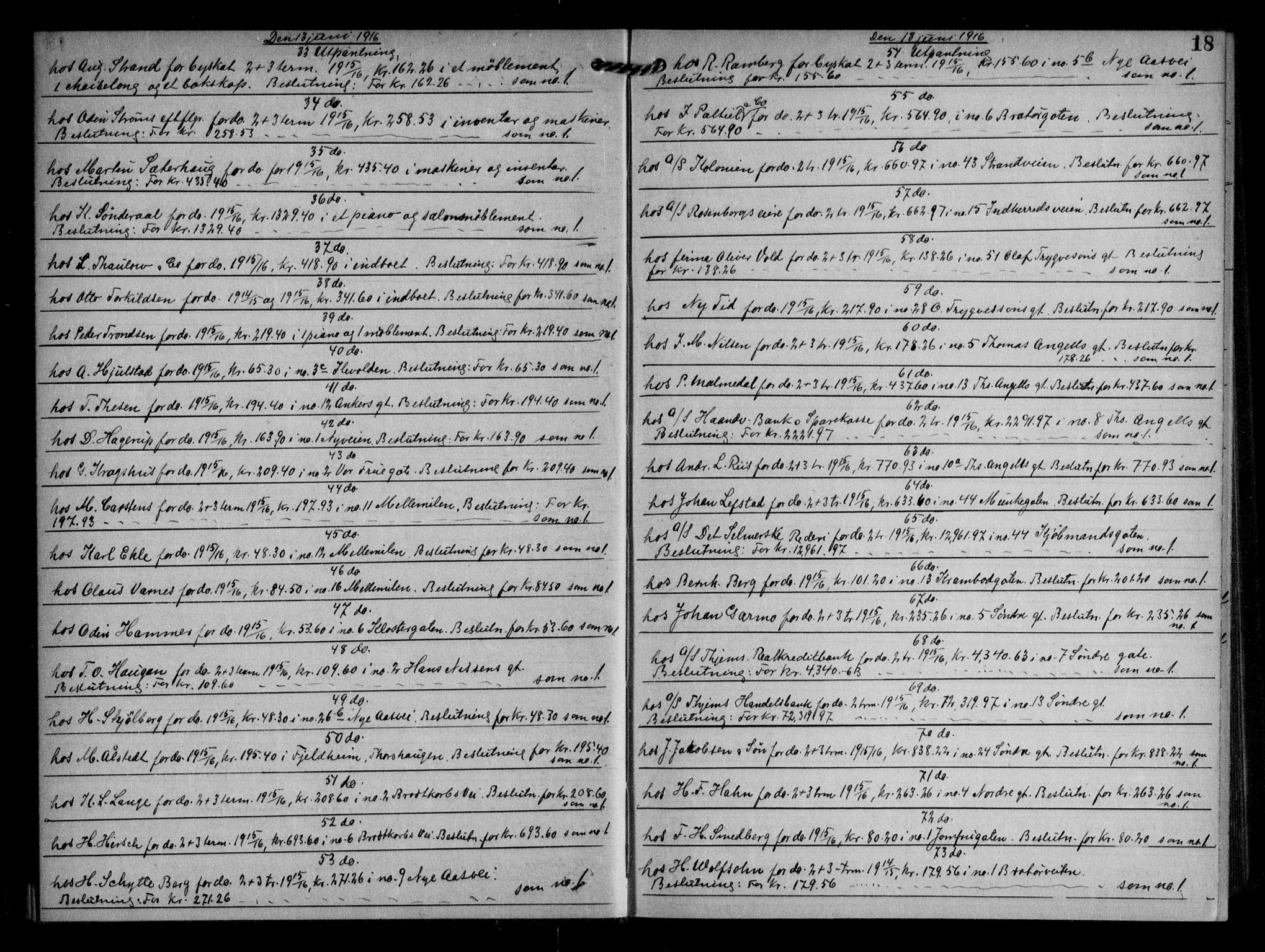 Trondheim byfogd, AV/SAT-A-0003/1/2/2C/L0057: Mortgage book no. 56, 1916-1917, p. 18
