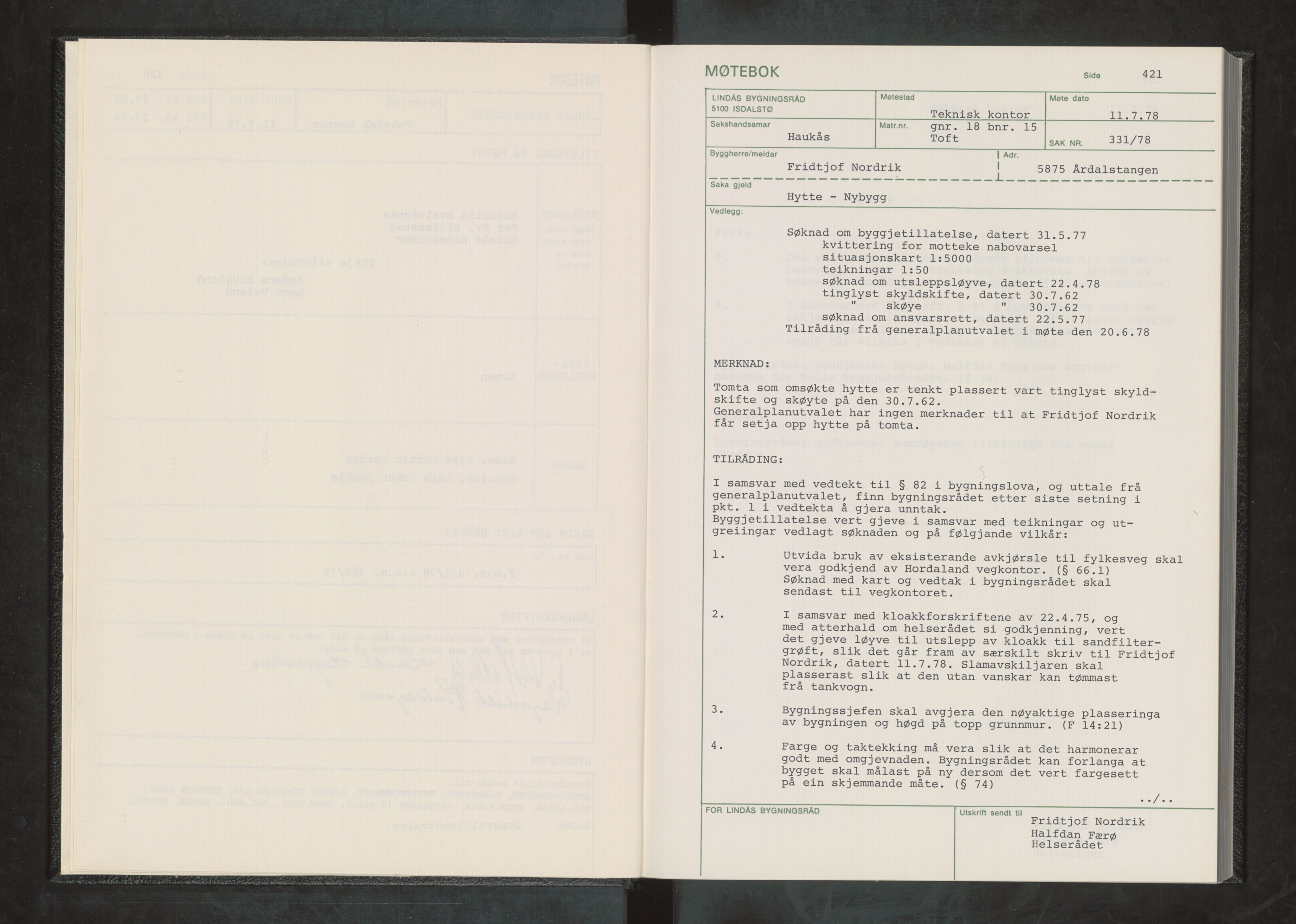 Lindås kommune. Bygningsrådet, IKAH/1263-511/A/Aa/L0030: Møtebok for Lindås bygningsråd, 1978
