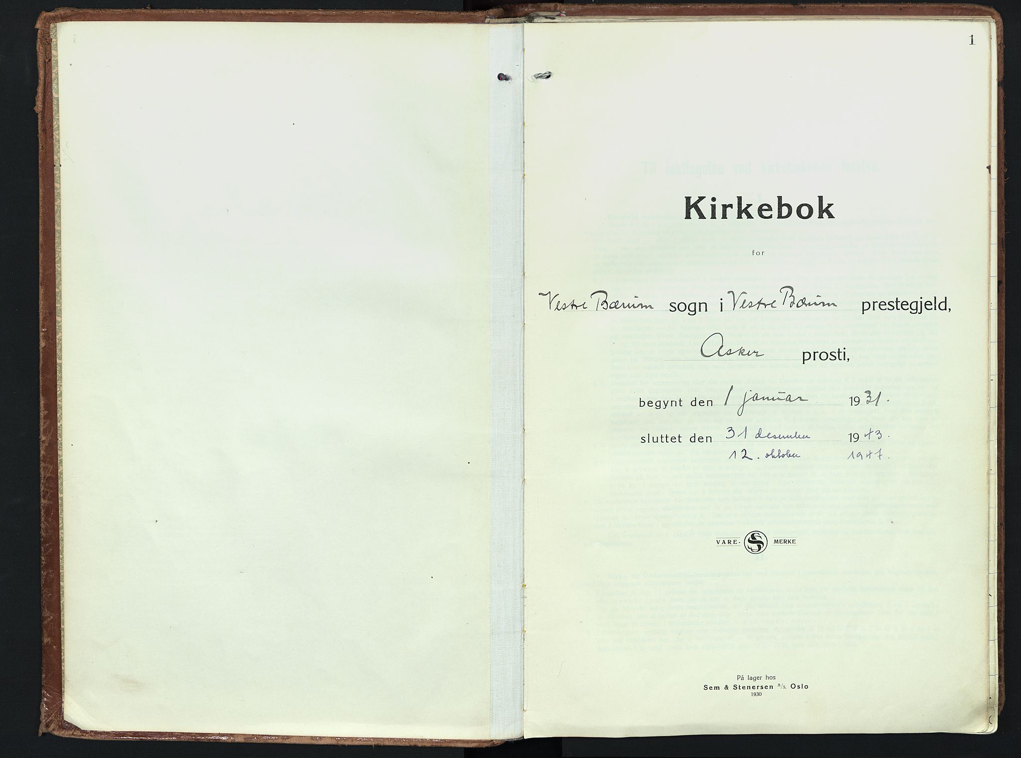 Vestre Bærum prestekontor Kirkebøker, AV/SAO-A-10209a/F/Fa/L0006: Parish register (official) no. 6, 1931-1947, p. 1