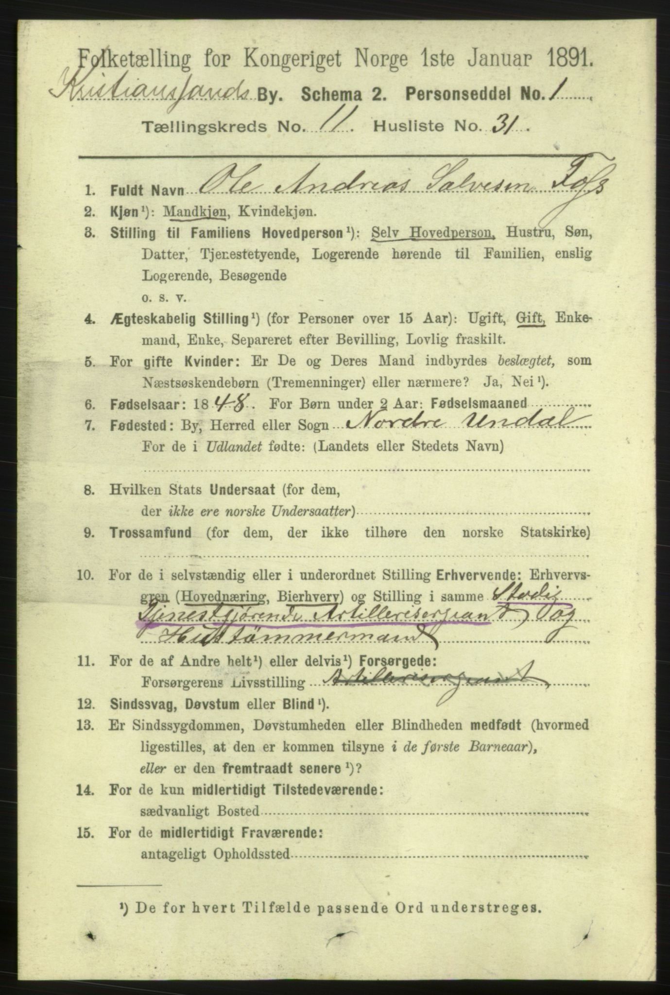 RA, 1891 census for 1001 Kristiansand, 1891, p. 5837