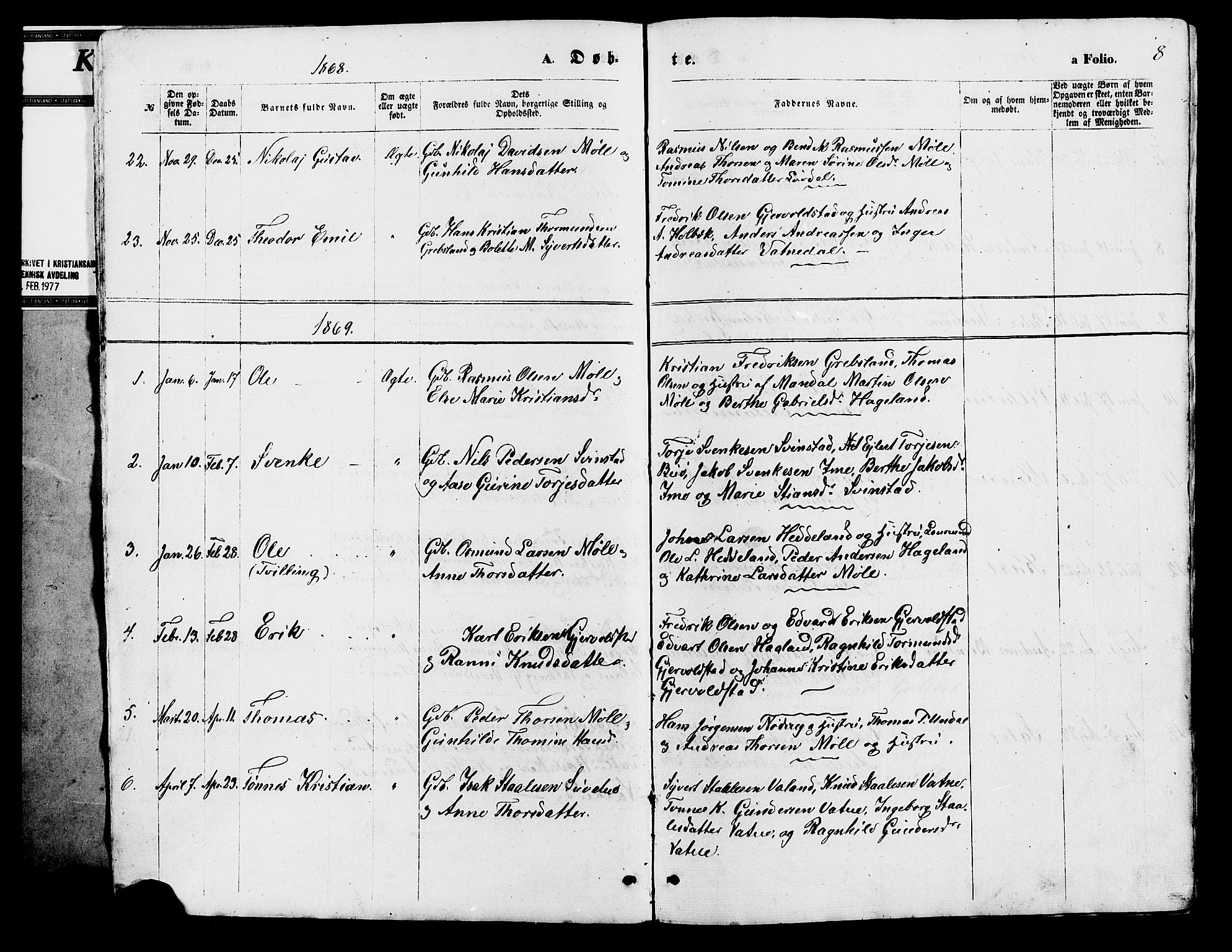 Holum sokneprestkontor, SAK/1111-0022/F/Fb/Fba/L0004: Parish register (copy) no. B 4, 1867-1890, p. 8