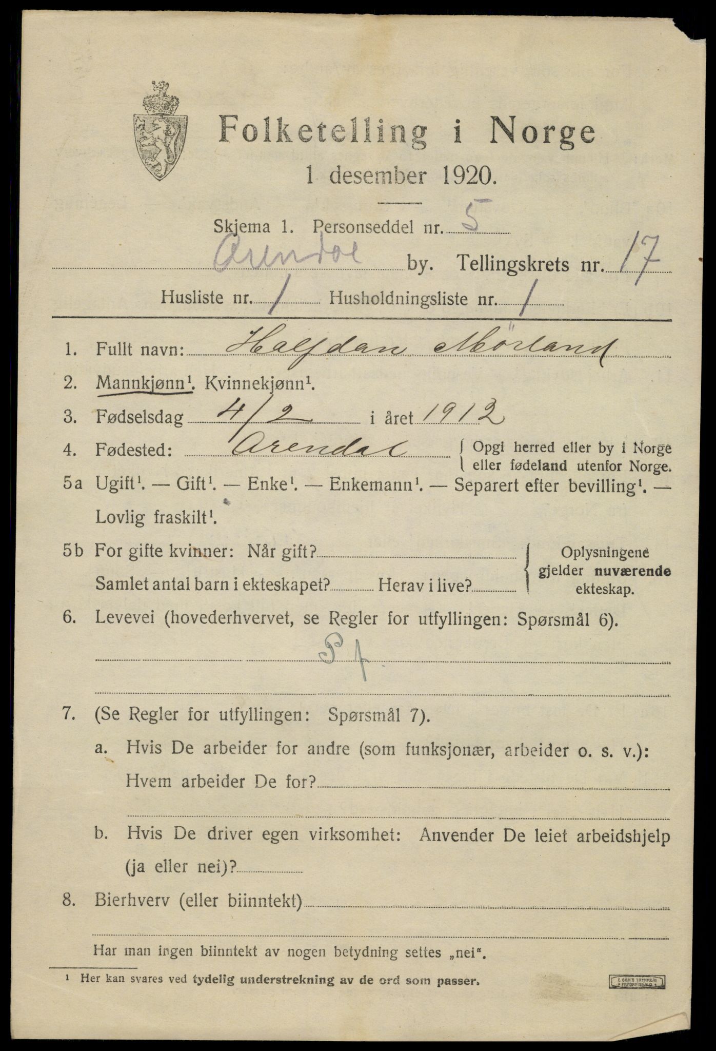 SAK, 1920 census for Arendal, 1920, p. 24054