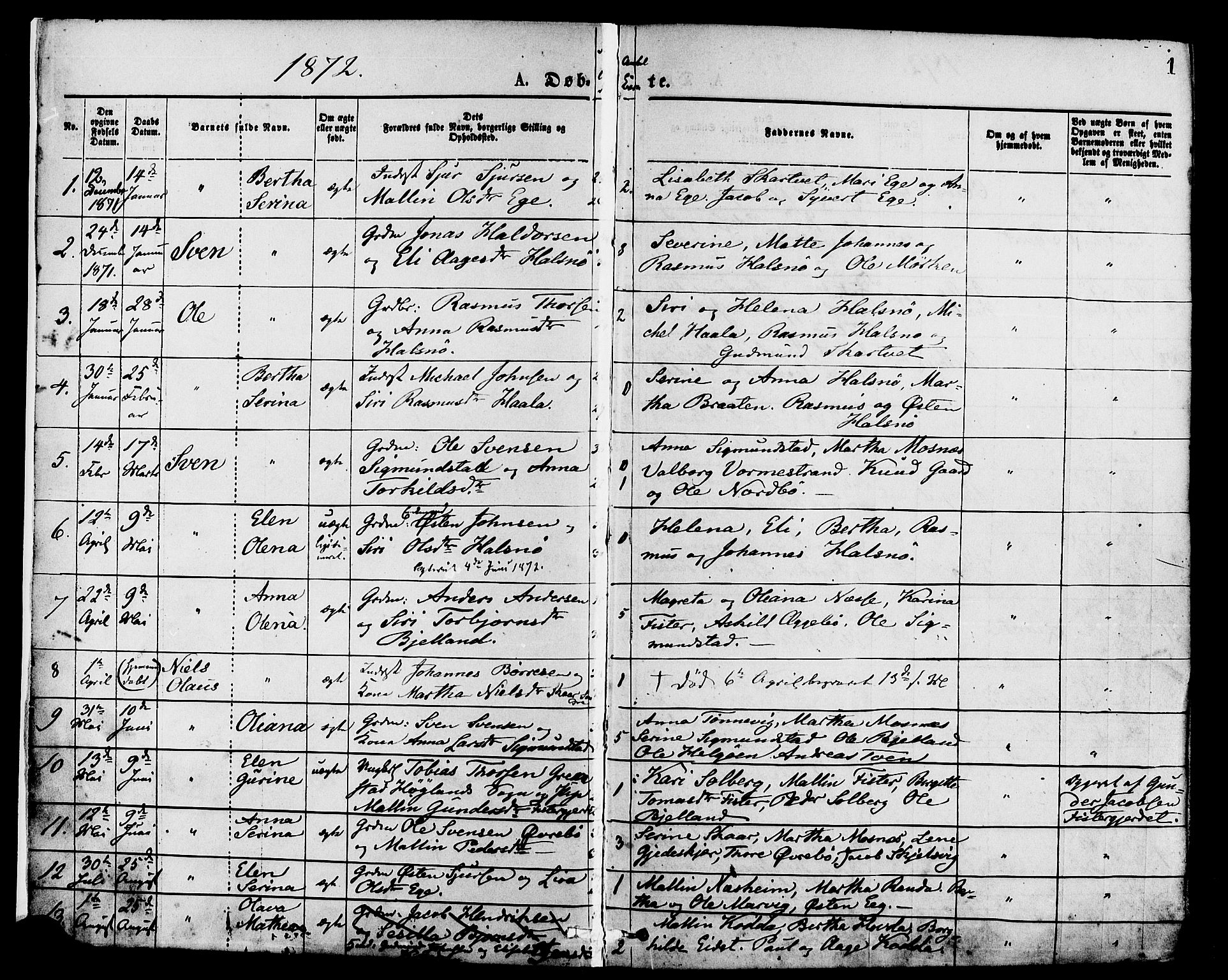 Hjelmeland sokneprestkontor, AV/SAST-A-101843/01/IV/L0013: Parish register (official) no. A 13, 1872-1886, p. 1