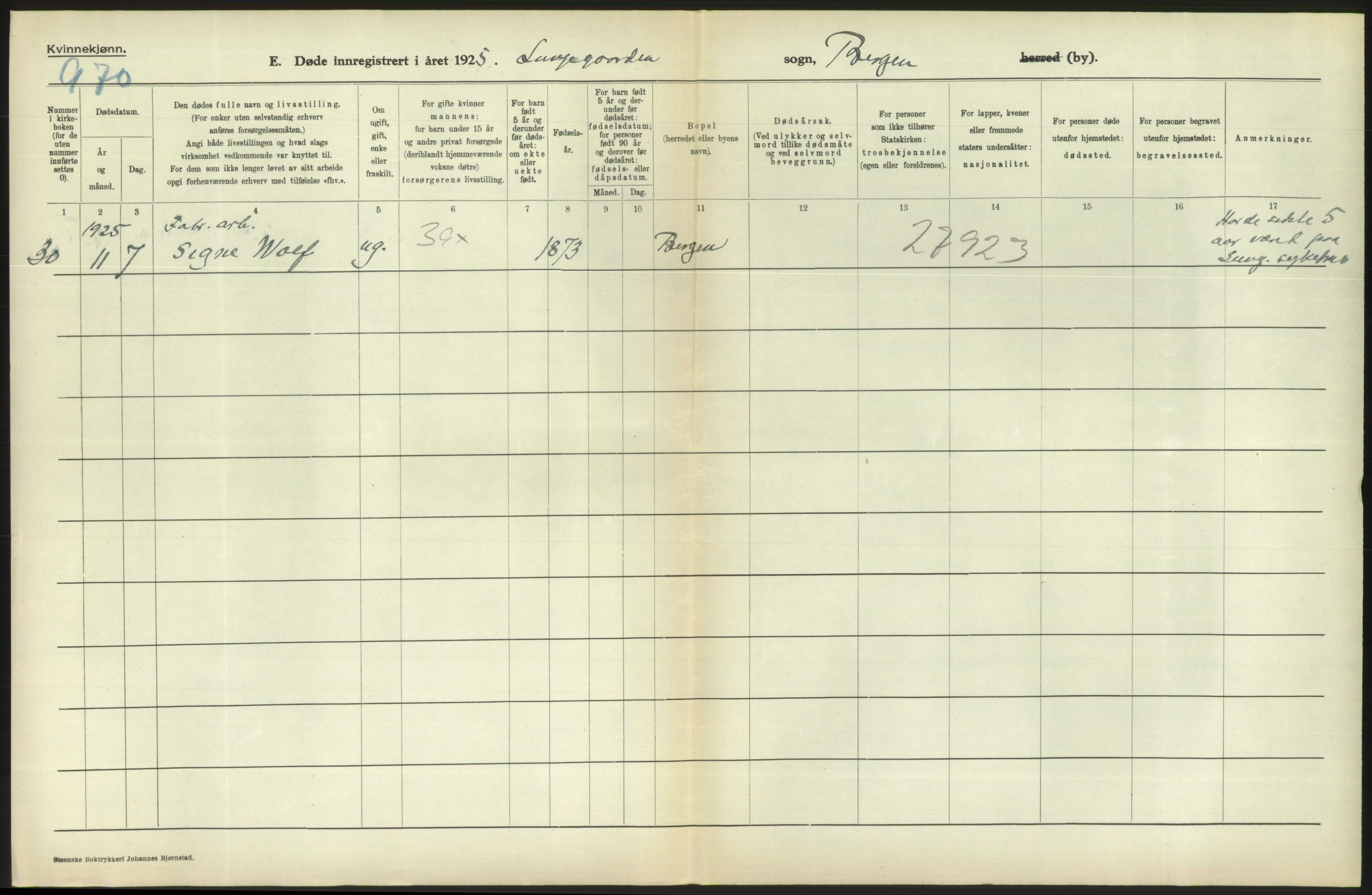 Statistisk sentralbyrå, Sosiodemografiske emner, Befolkning, AV/RA-S-2228/D/Df/Dfc/Dfce/L0029: Bergen: Gifte, døde., 1925, p. 766