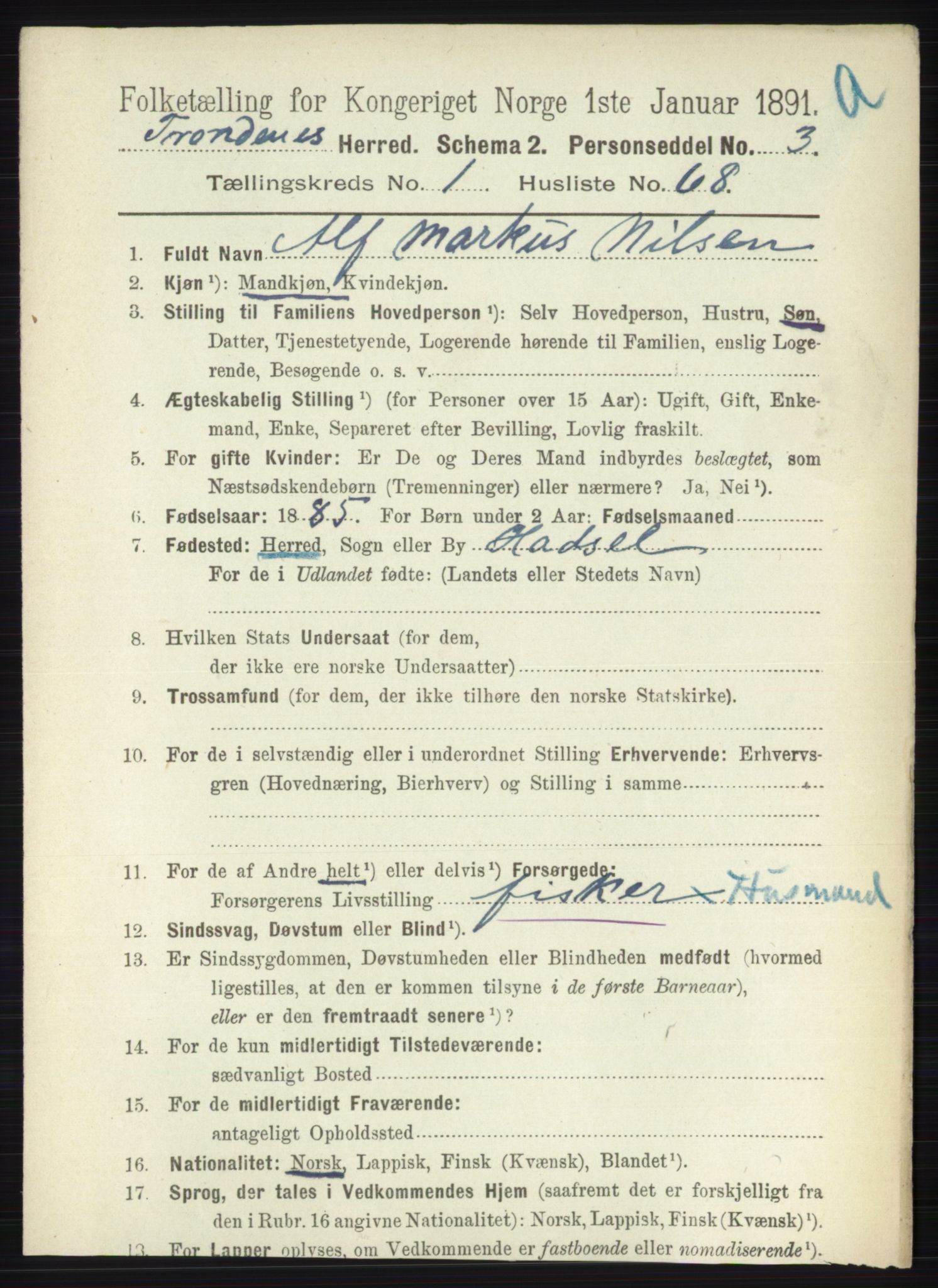 RA, 1891 census for 1914 Trondenes, 1891, p. 576