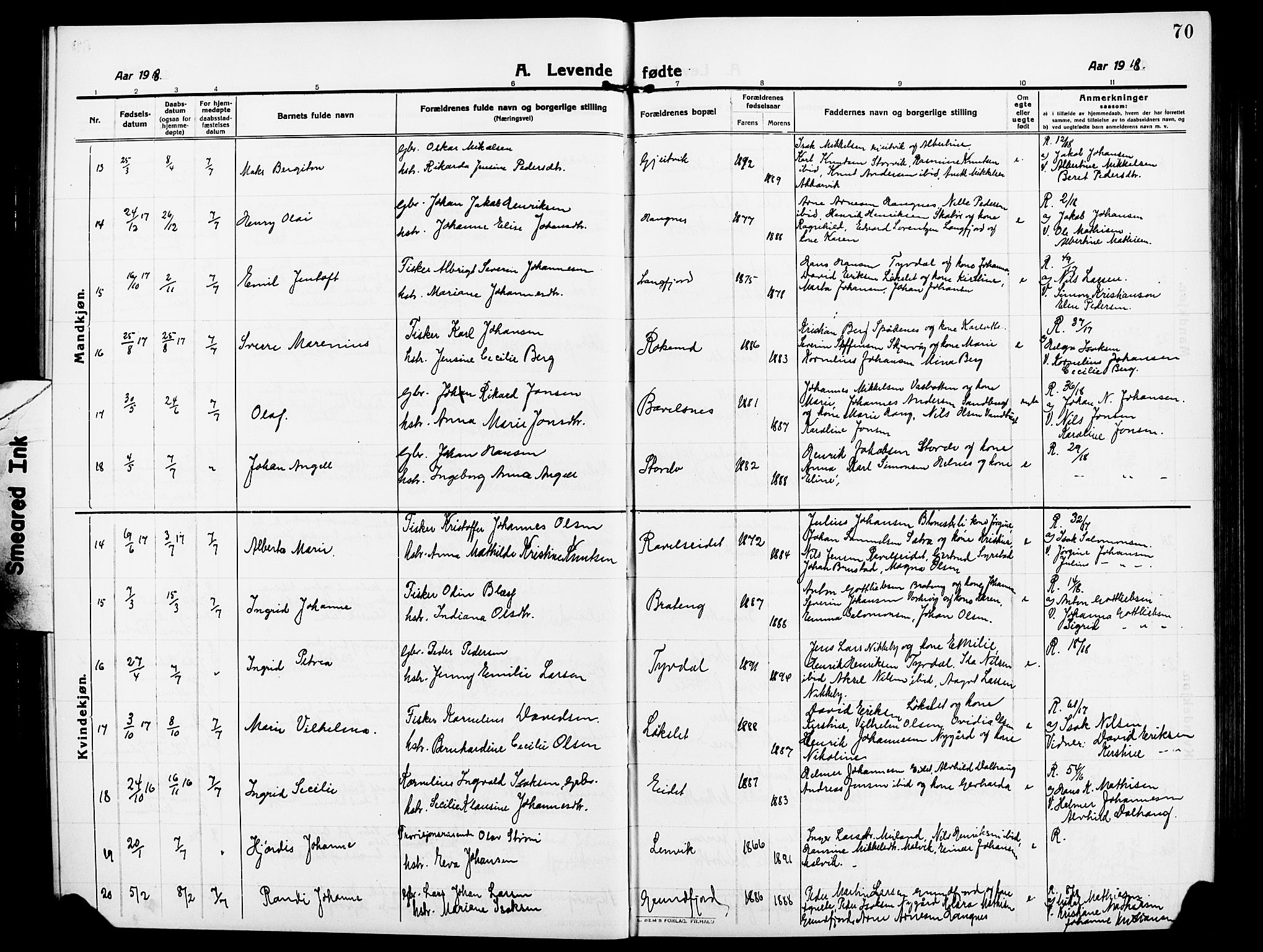 Skjervøy sokneprestkontor, AV/SATØ-S-1300/H/Ha/Hab/L0009klokker: Parish register (copy) no. 9, 1911-1926, p. 70