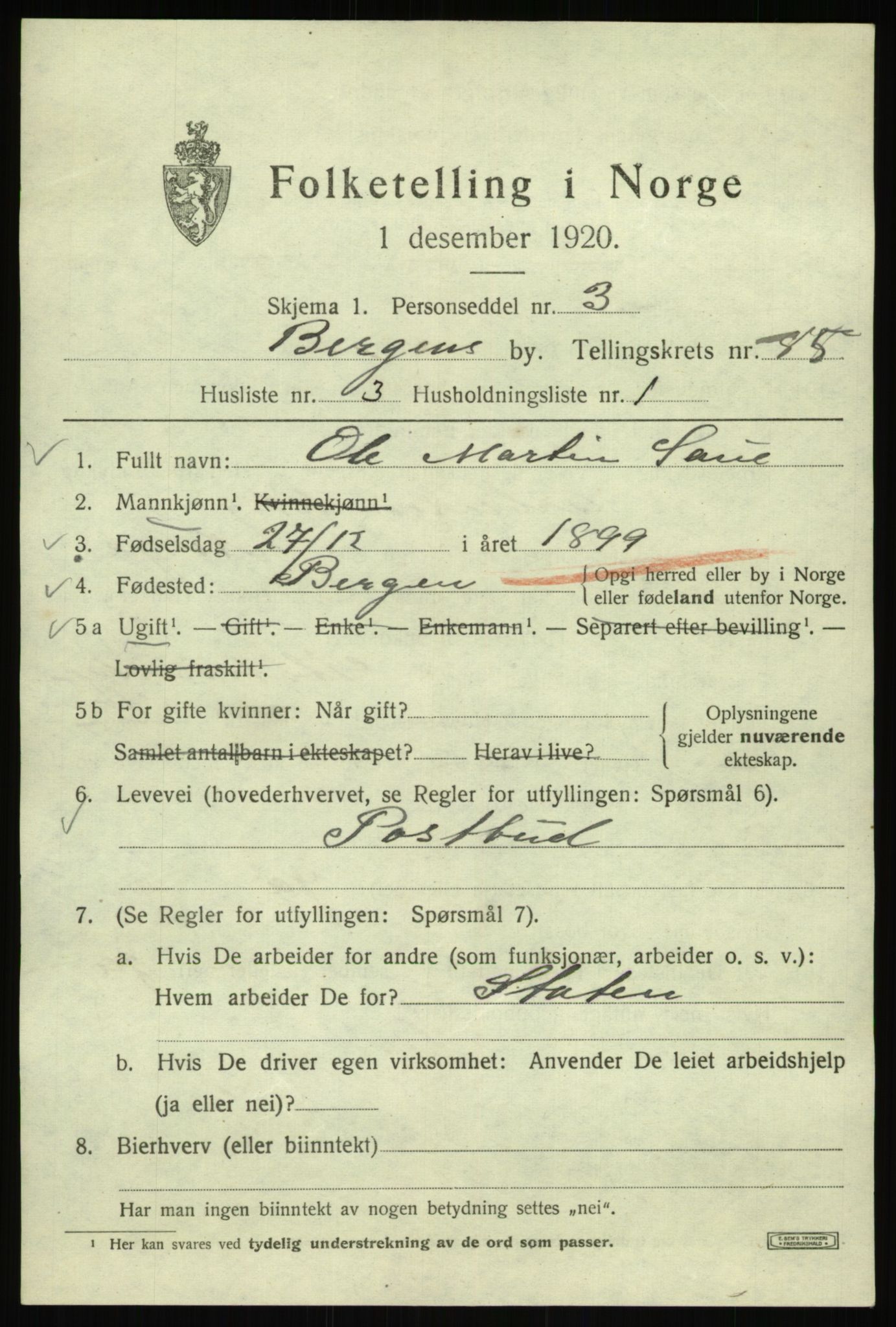 SAB, 1920 census for Bergen, 1920, p. 157077