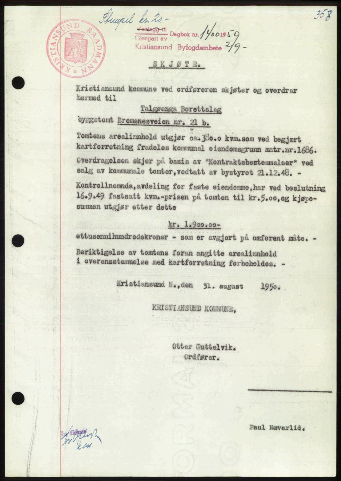 Kristiansund byfogd, AV/SAT-A-4587/A/27: Mortgage book no. 46, 1949-1950, Diary no: : 1400/1950