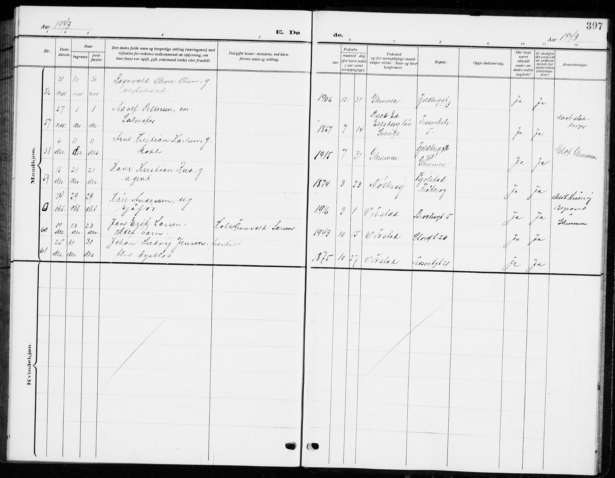 Fredrikstad domkirkes prestekontor Kirkebøker, AV/SAO-A-10906/G/Ga/L0004: Parish register (copy) no. 4, 1910-1944, p. 397