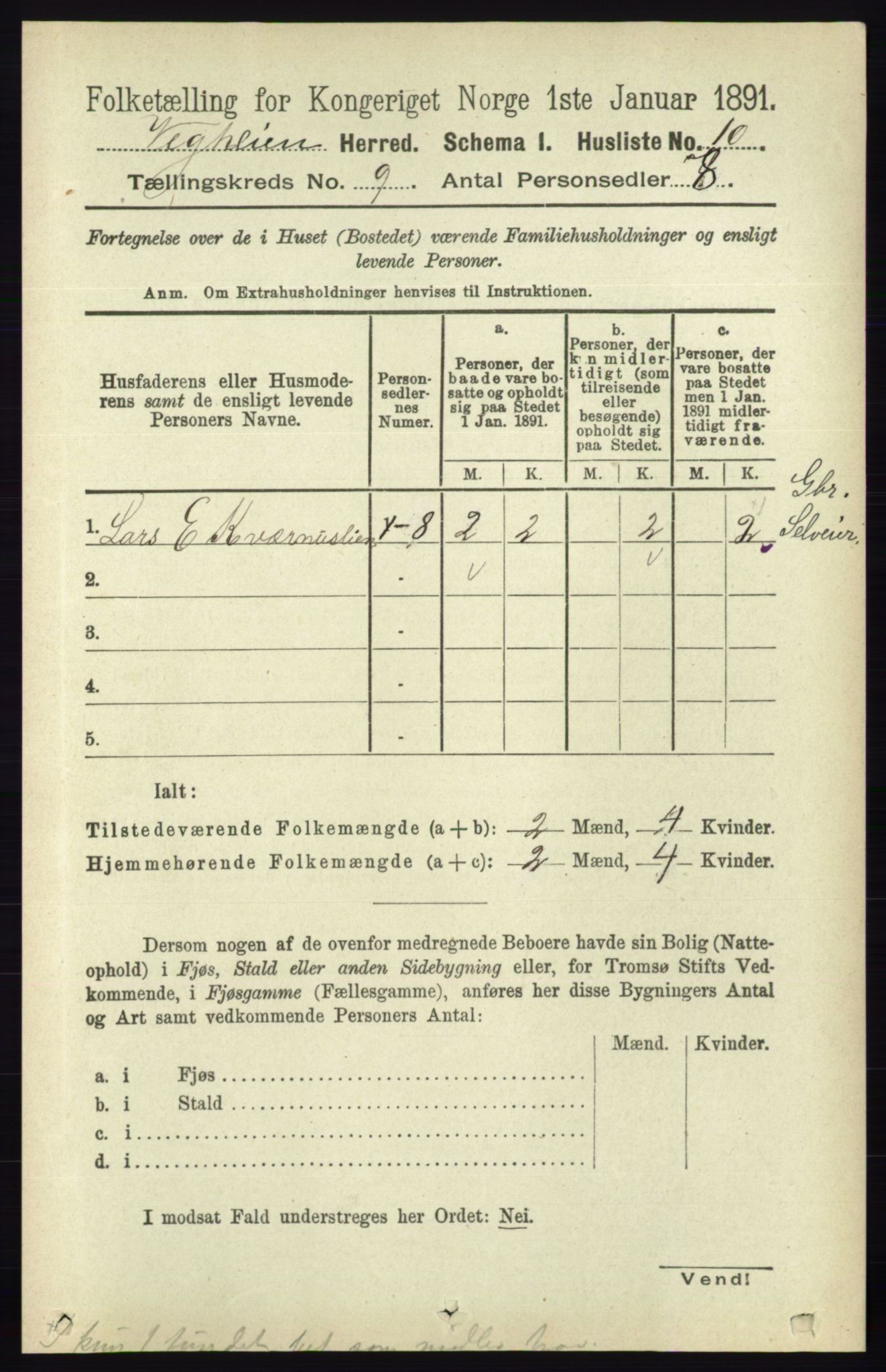 RA, 1891 census for 0912 Vegårshei, 1891, p. 1721