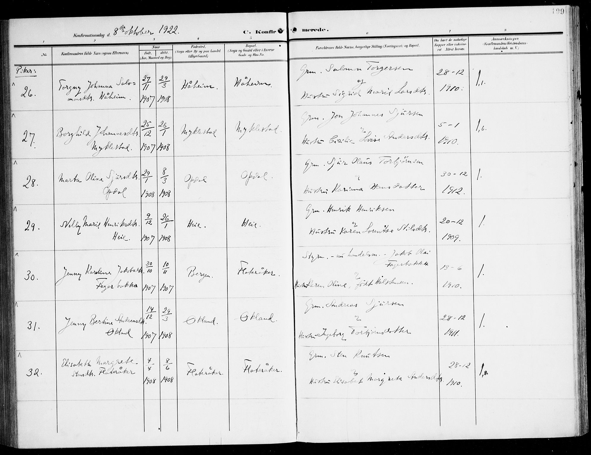 Tysnes sokneprestembete, AV/SAB-A-78601/H/Haa: Parish register (official) no. D 2, 1905-1922, p. 199