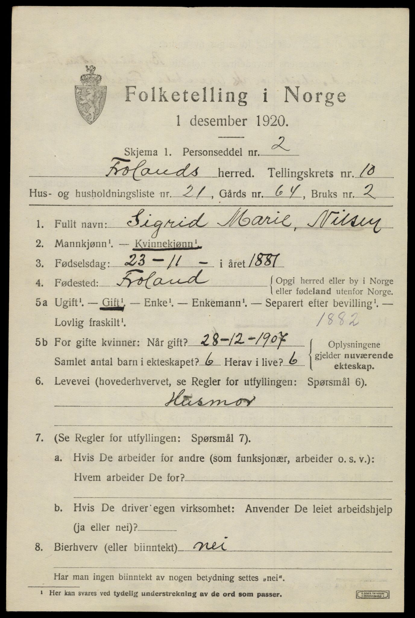 SAK, 1920 census for Froland, 1920, p. 5525