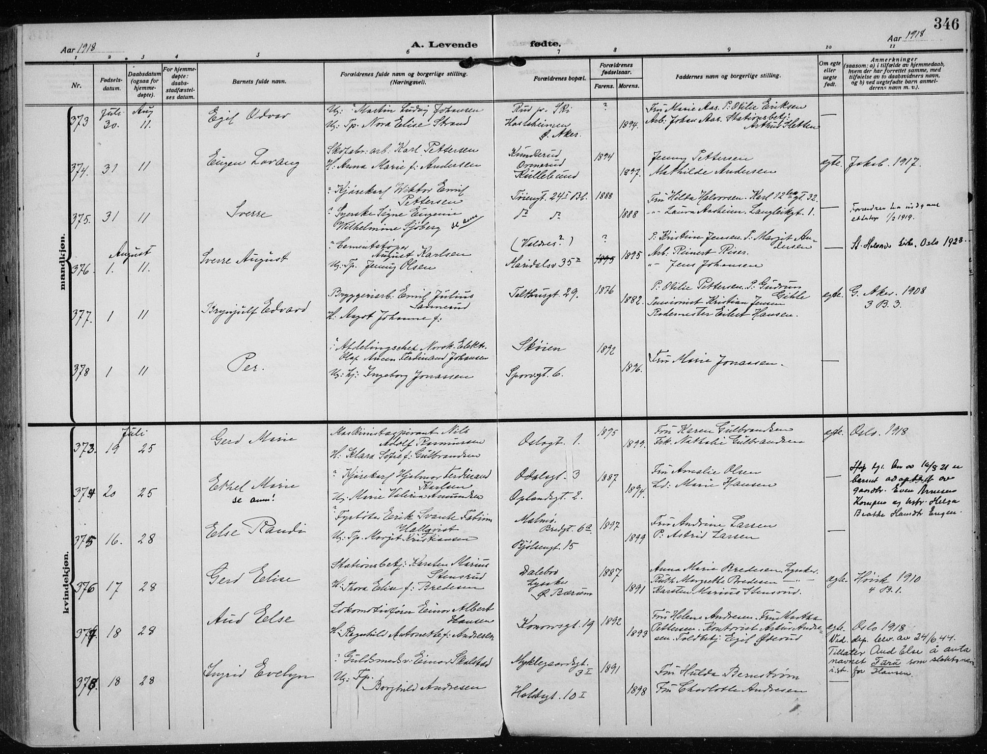 Rikshospitalet prestekontor Kirkebøker, SAO/A-10309b/F/L0016: Parish register (official) no. 16, 1916-1918, p. 346